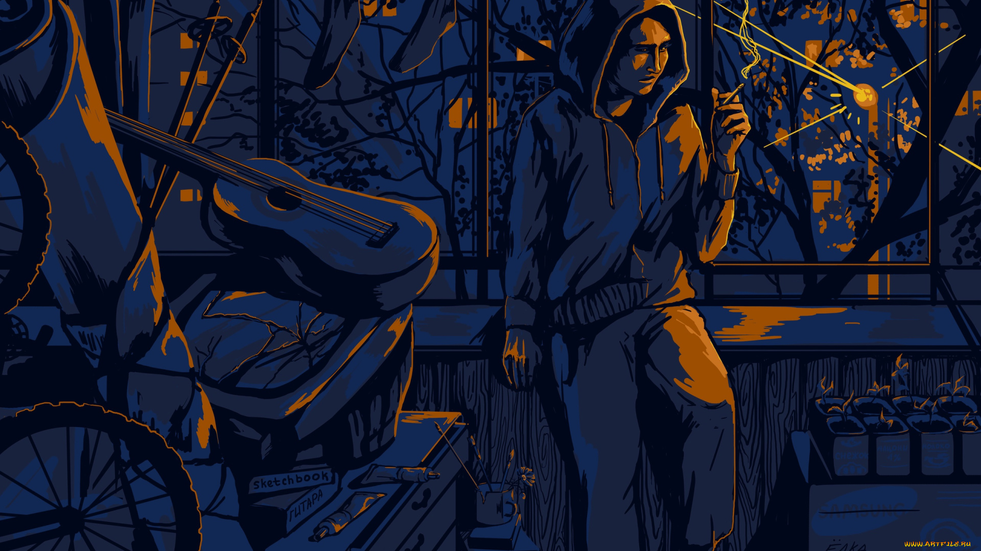 рисованное, люди, человек, вечер, сигарета, балкон, хлам