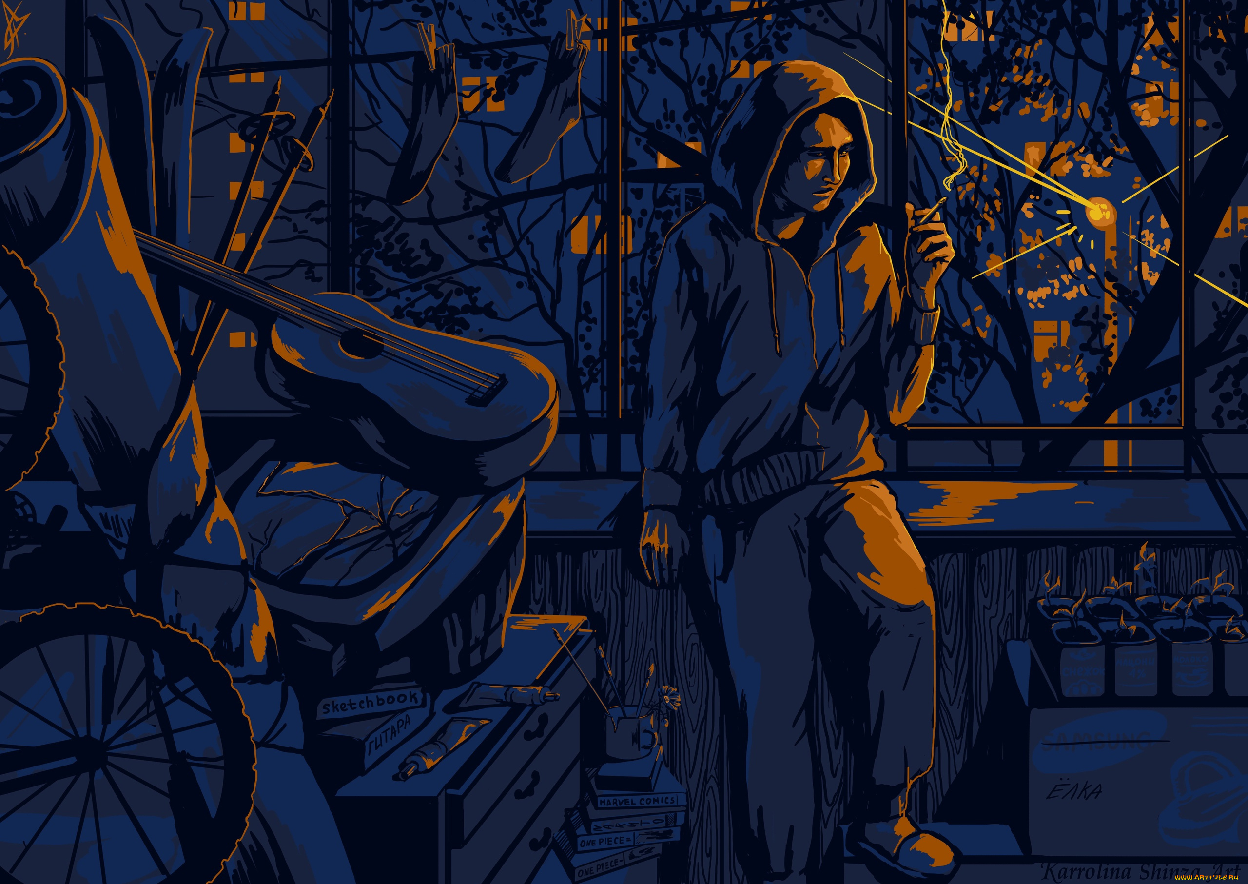 рисованное, люди, человек, вечер, сигарета, балкон, хлам