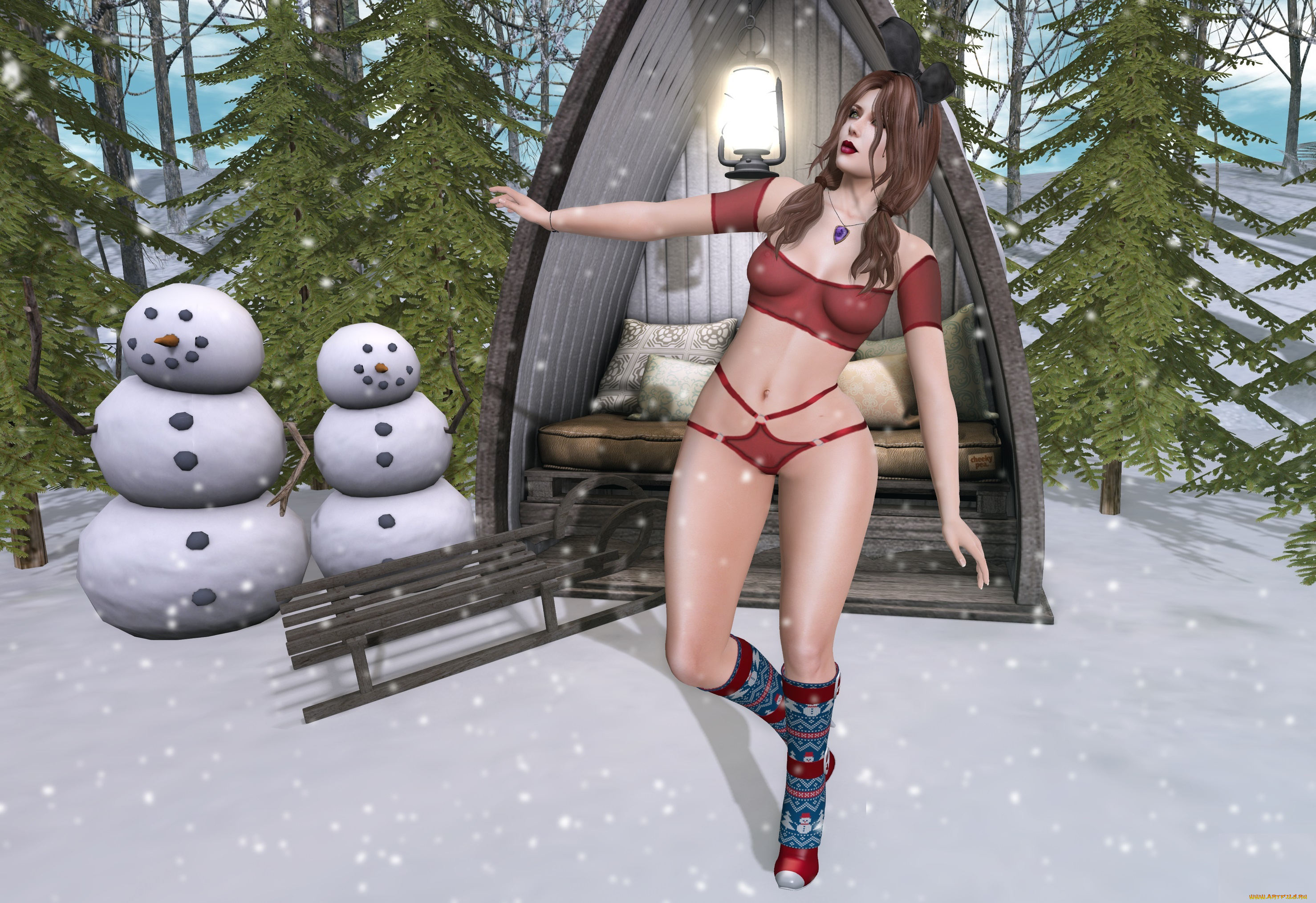 3д, графика, люди, , people, девушка, белье, санки, снеговики, снег, лес, избушка