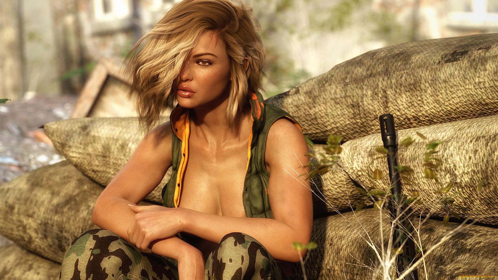 3д, графика, армия, , military, девушка, фон, взгляд, ствол