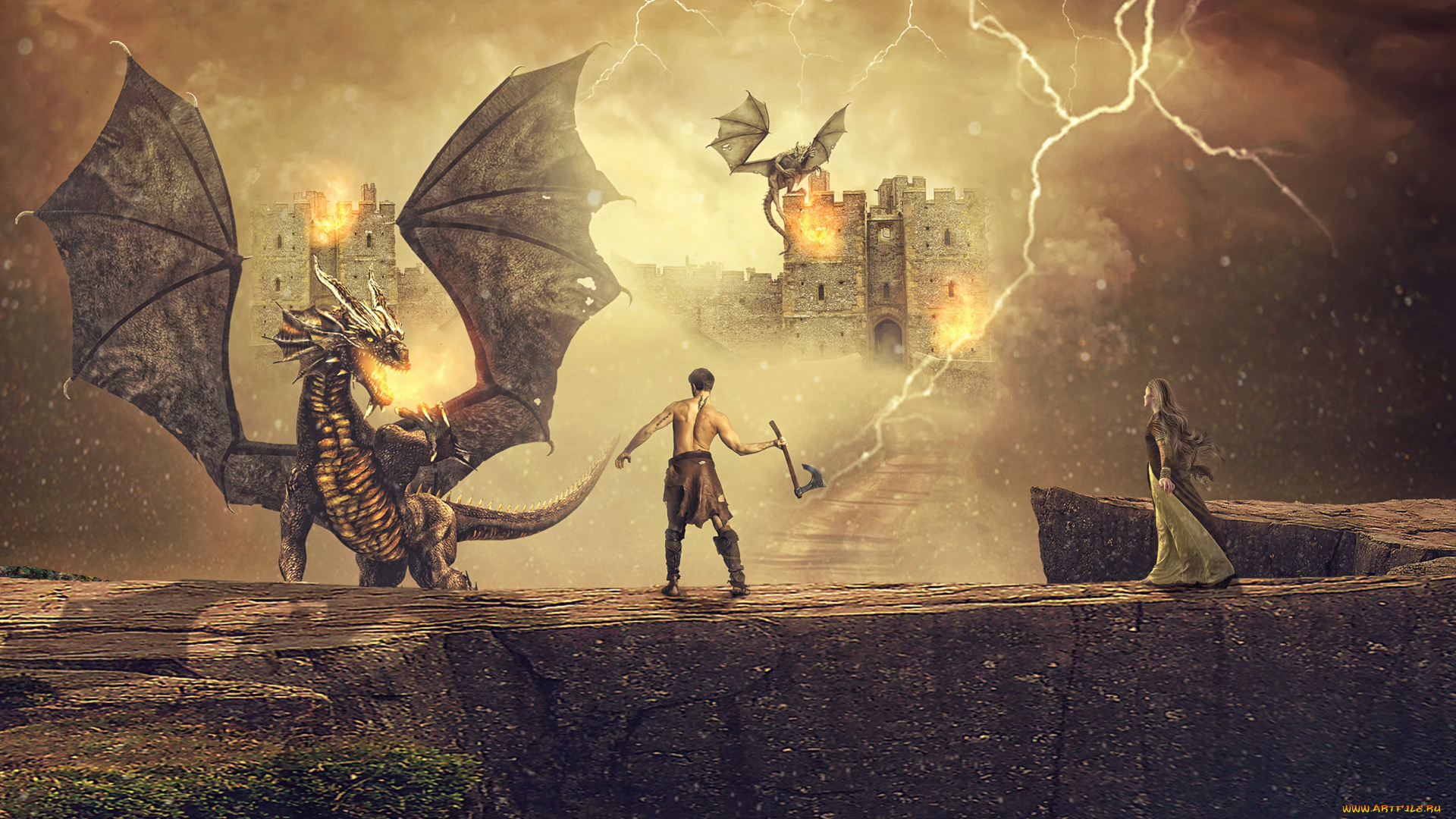 фэнтези, фотоарт, девушка, мужчина, дракон, молния, топор