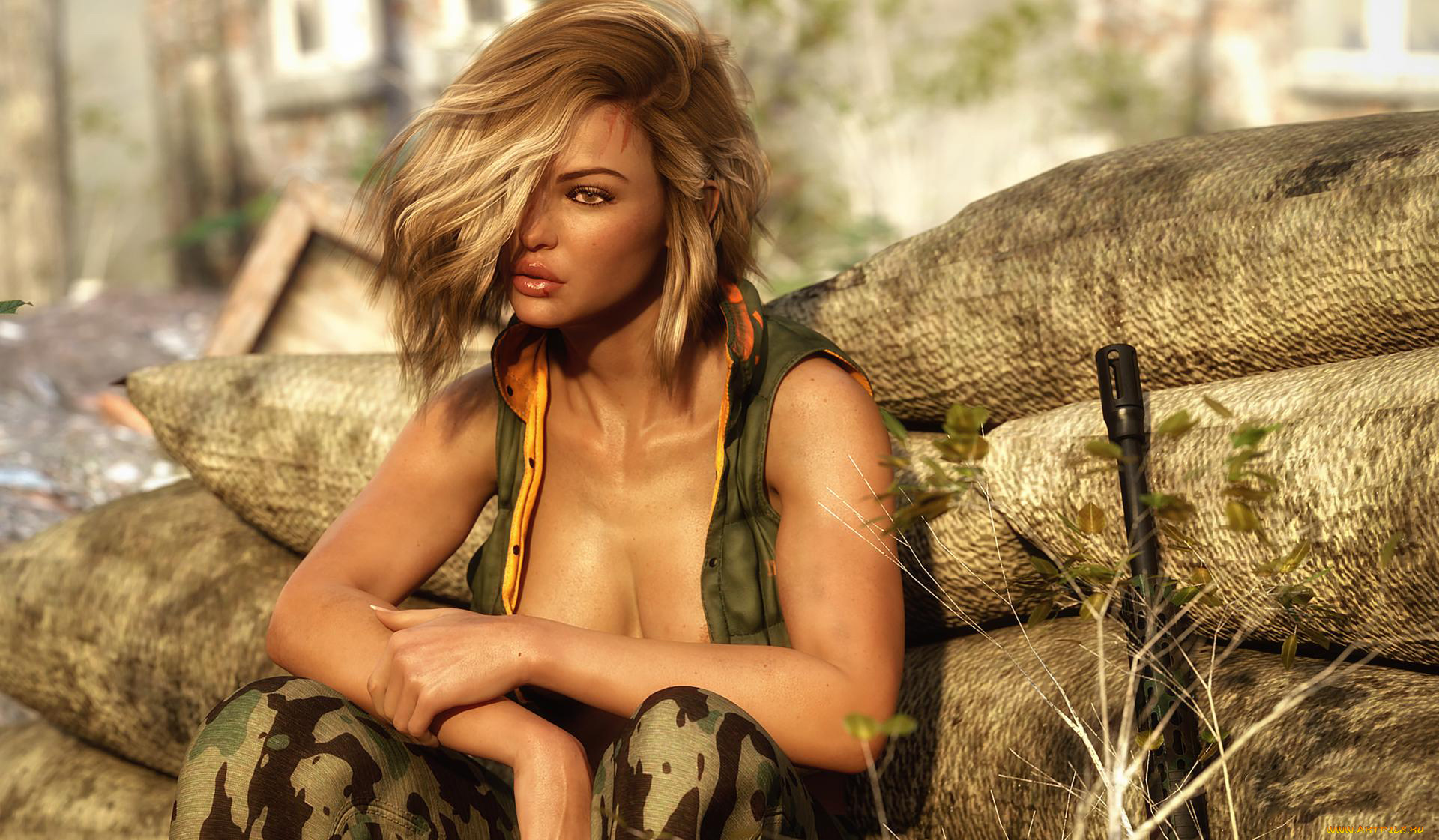 3д, графика, армия, , military, девушка, фон, взгляд, ствол