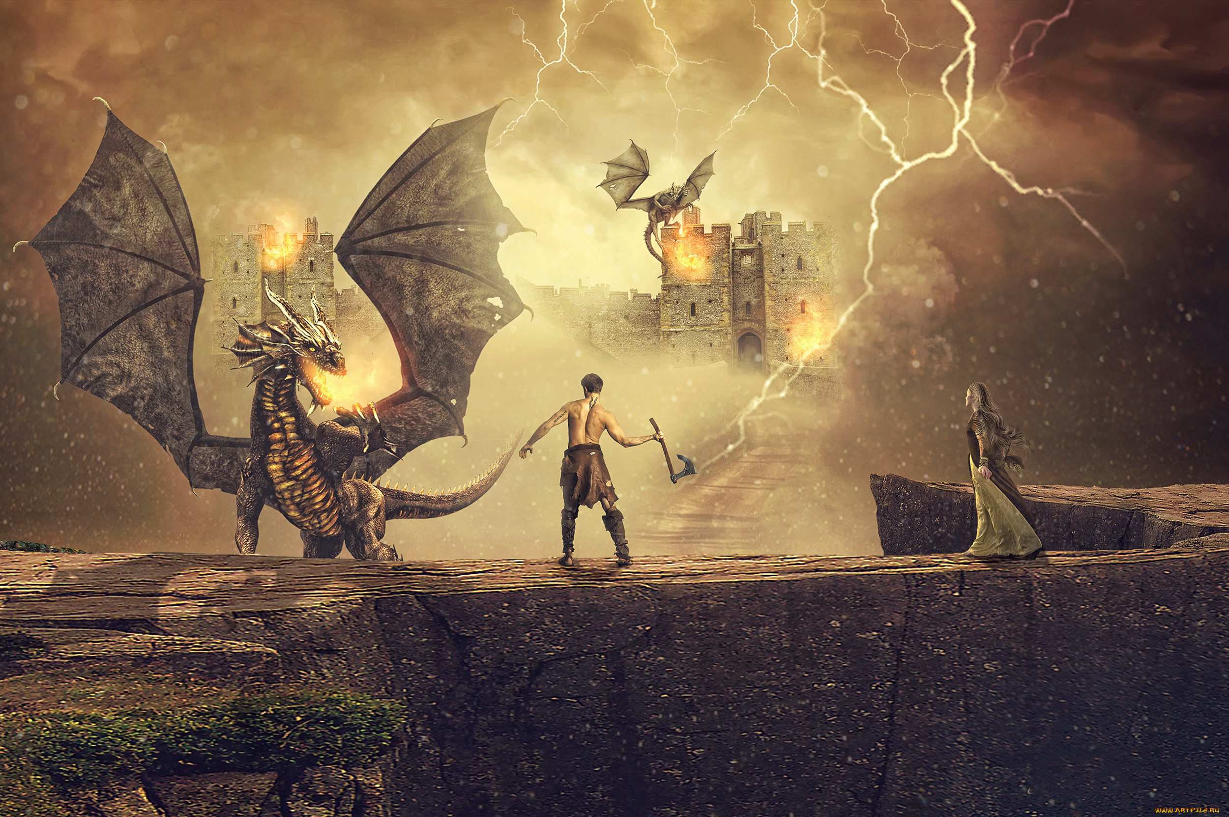 фэнтези, фотоарт, девушка, мужчина, дракон, молния, топор