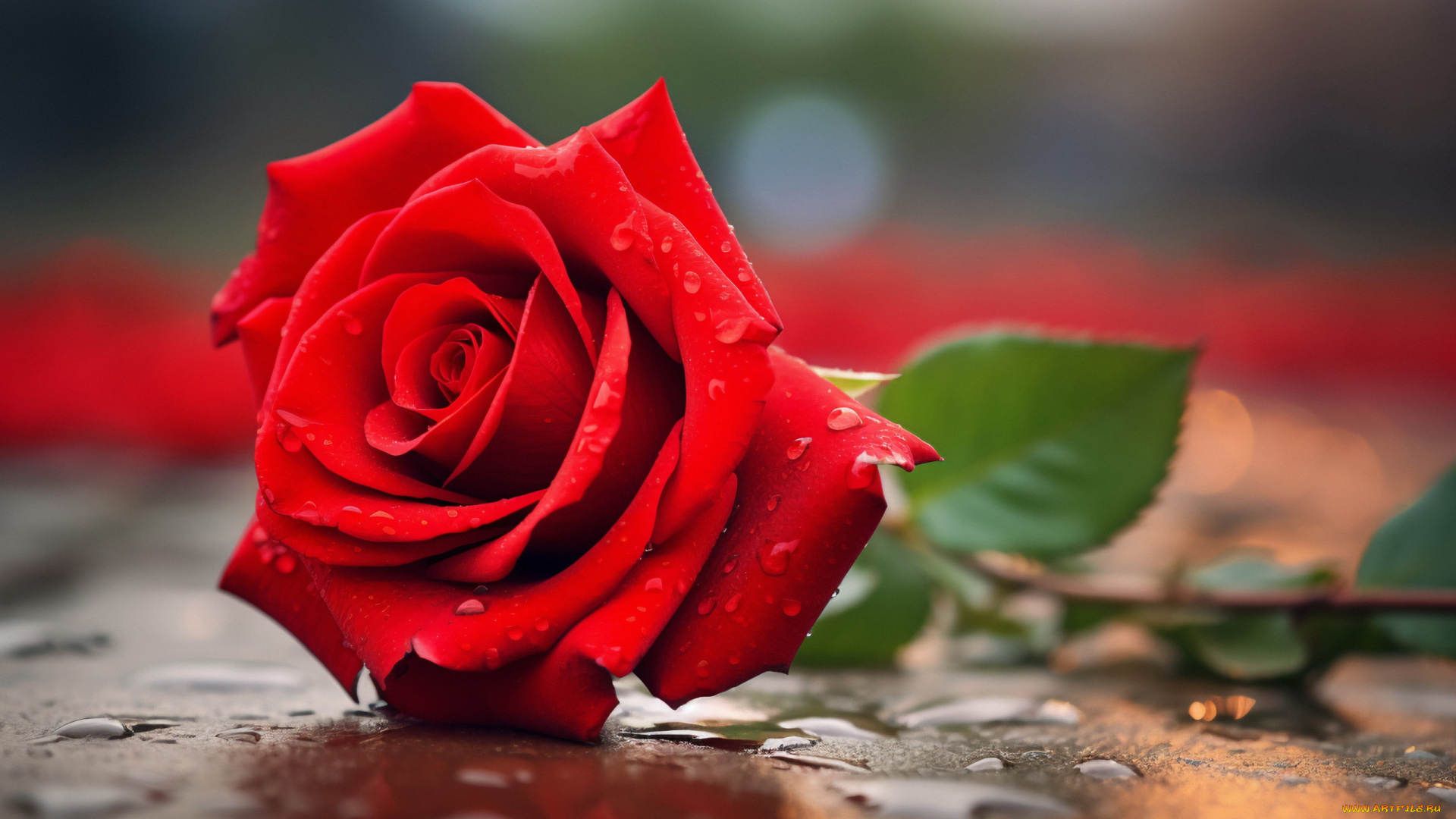 цветы, розы, алая, роза, макро, капли