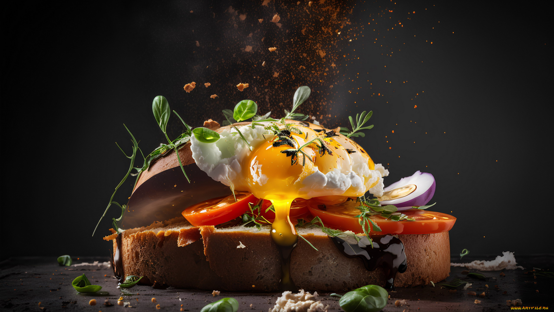 еда, яичные, блюда, хлеб, яйцо, желток, зелень, помидоры