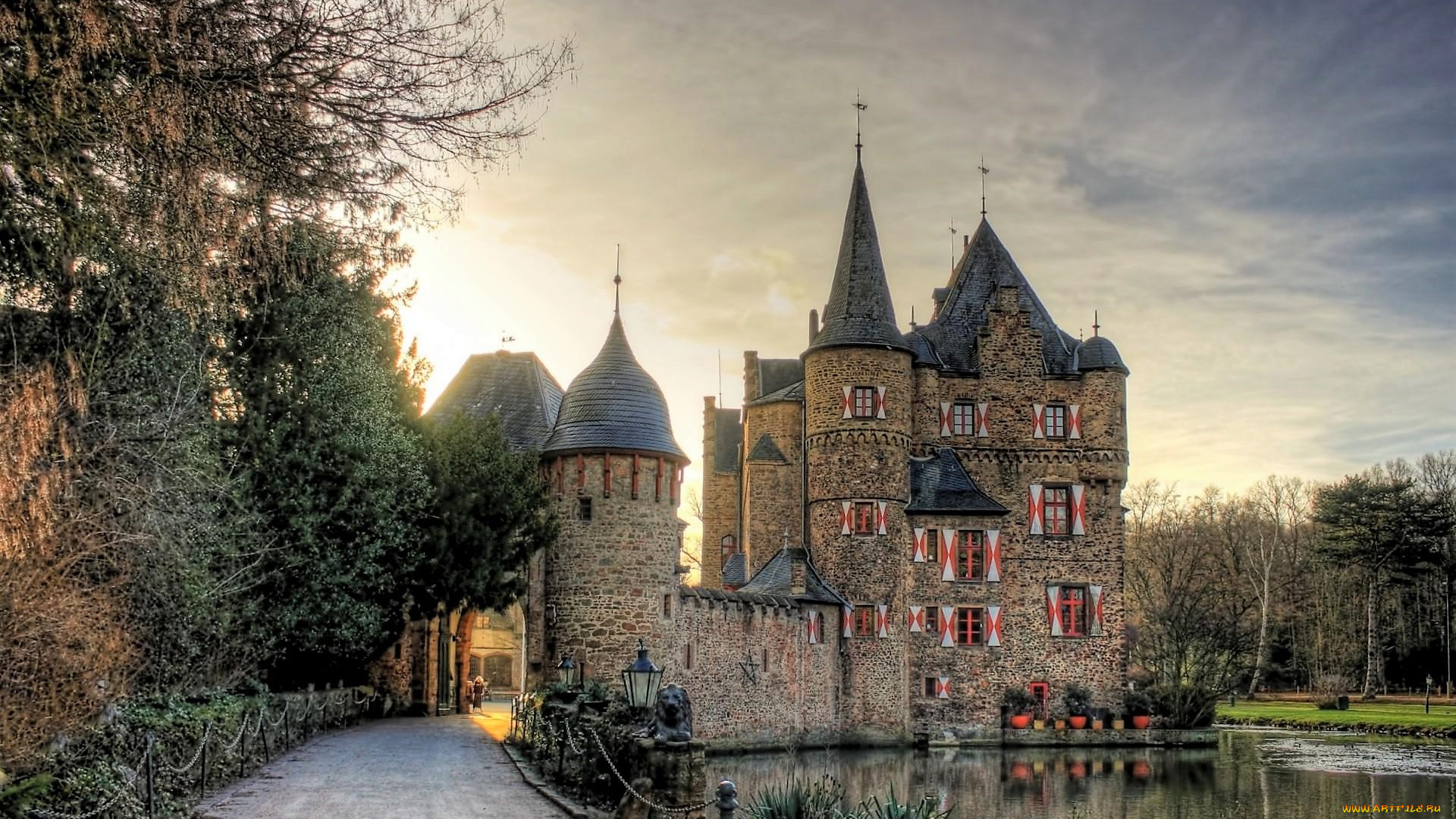 города, -, дворцы, , замки, , крепости, замок, река, деревья