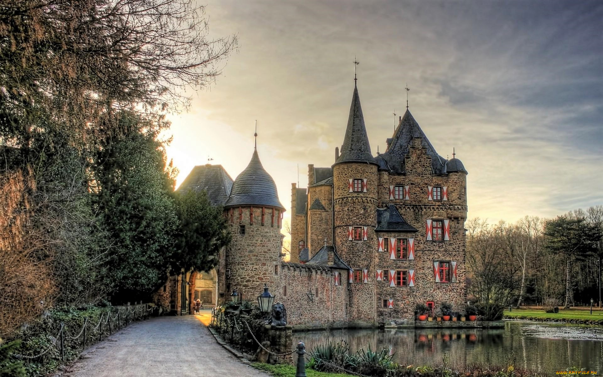 города, -, дворцы, , замки, , крепости, замок, река, деревья