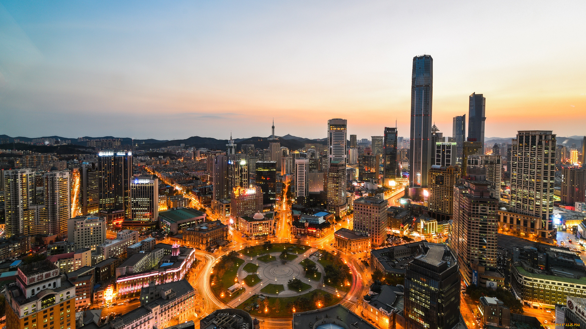 города, -, пейзажи, китай, городские, огни, далянь, городской, пейзаж, небоскреб