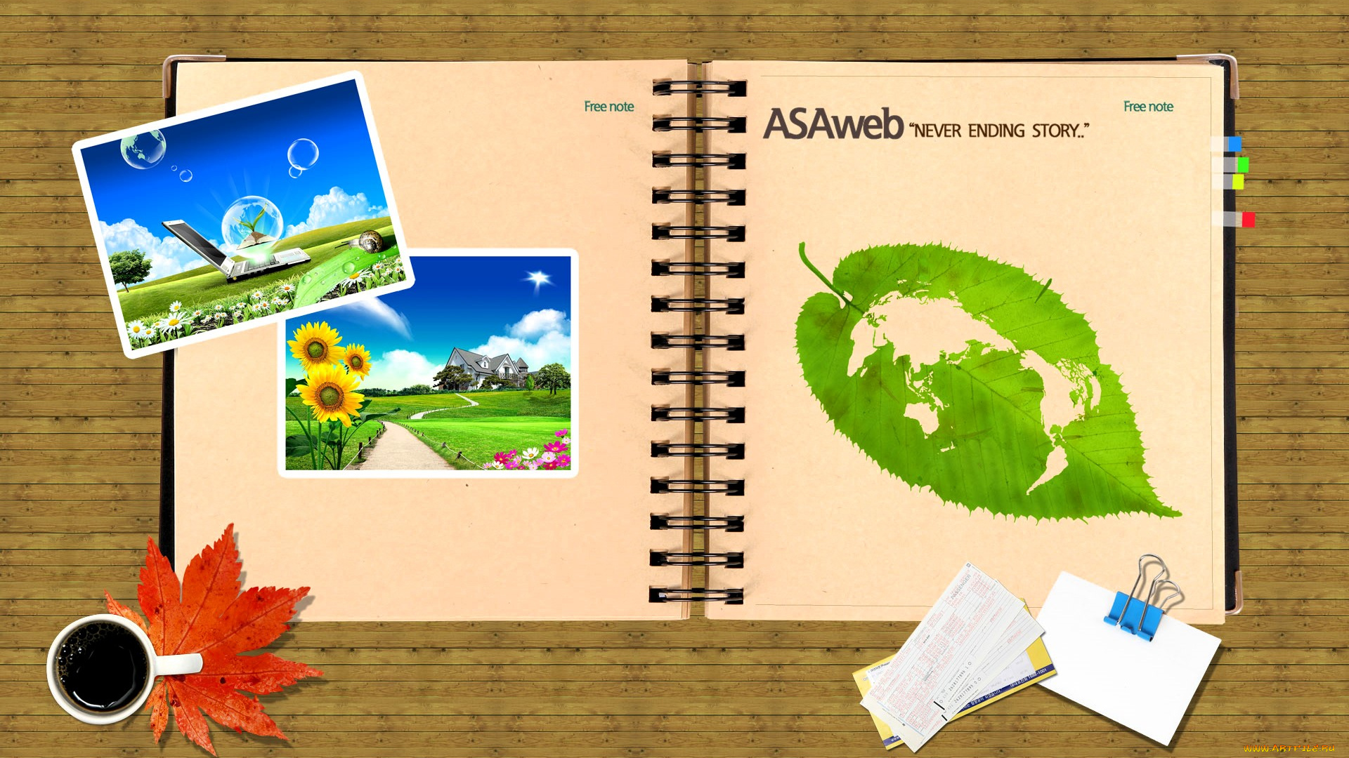 3д, графика, другое, , other, блокнот, фотографии, листья, осень, чашка, кофе