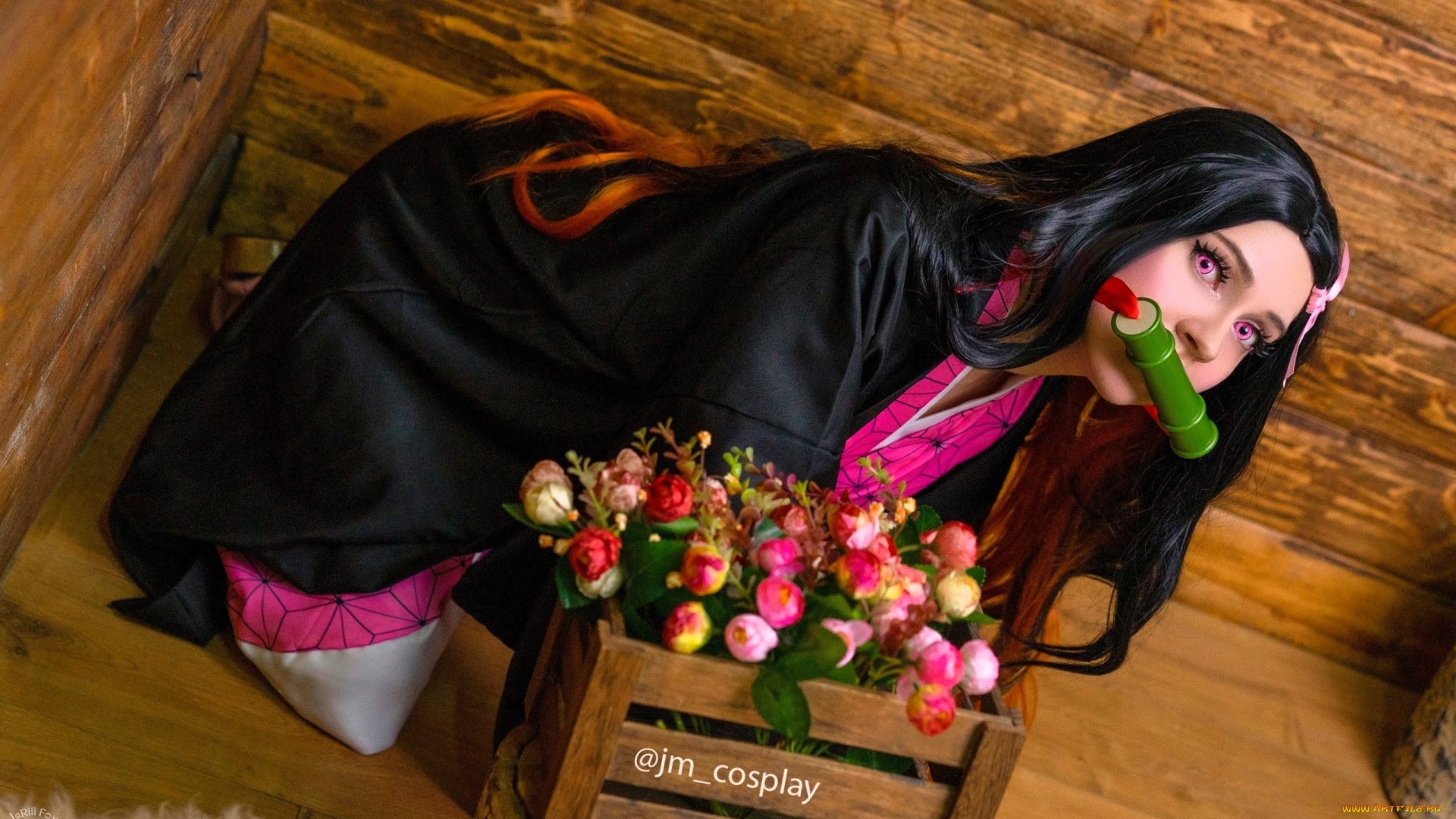 девушки, -, креатив, , косплей, образ, косплей, наряд, костюм, свиток, ящик, цветы