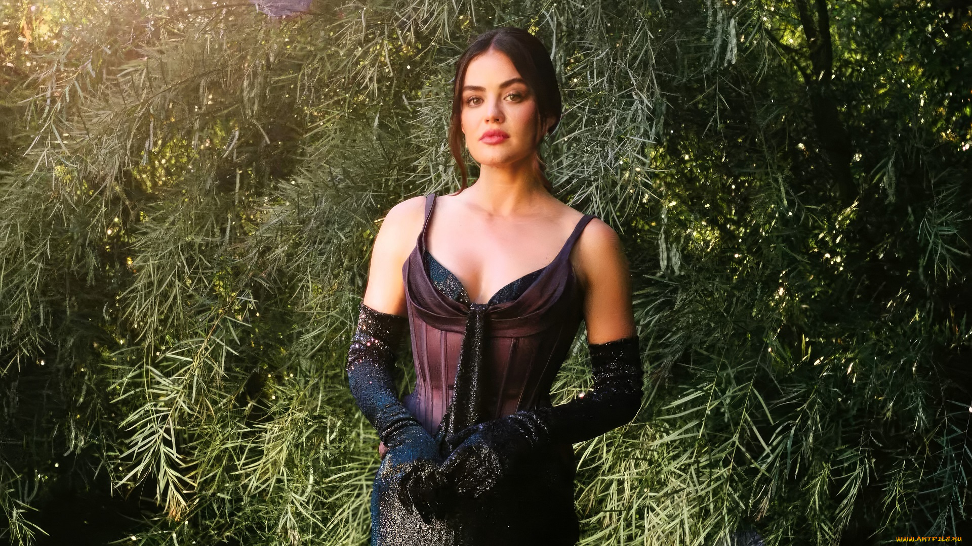 девушки, lucy, hale, актриса, шатенка, платье, наряд, перчатки, деревья