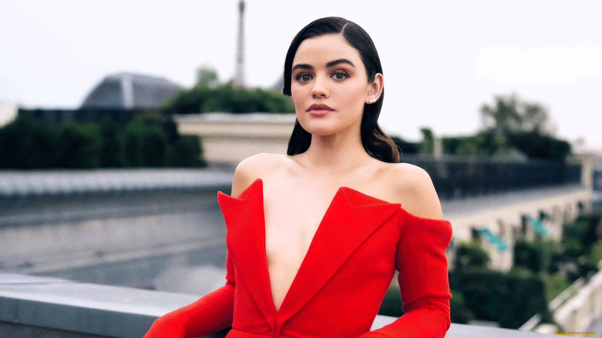 девушки, lucy, hale, актриса, шатенка, платье, крыша, панорама