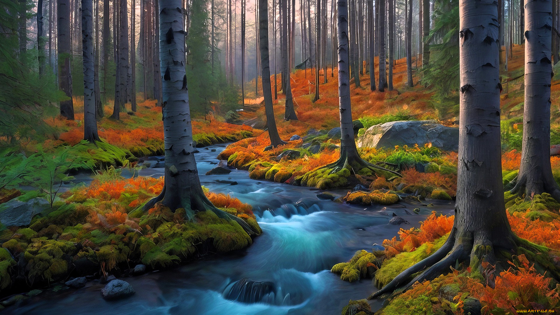 разное, компьютерный, дизайн, лес, деревья, осень, ручей, папоротник