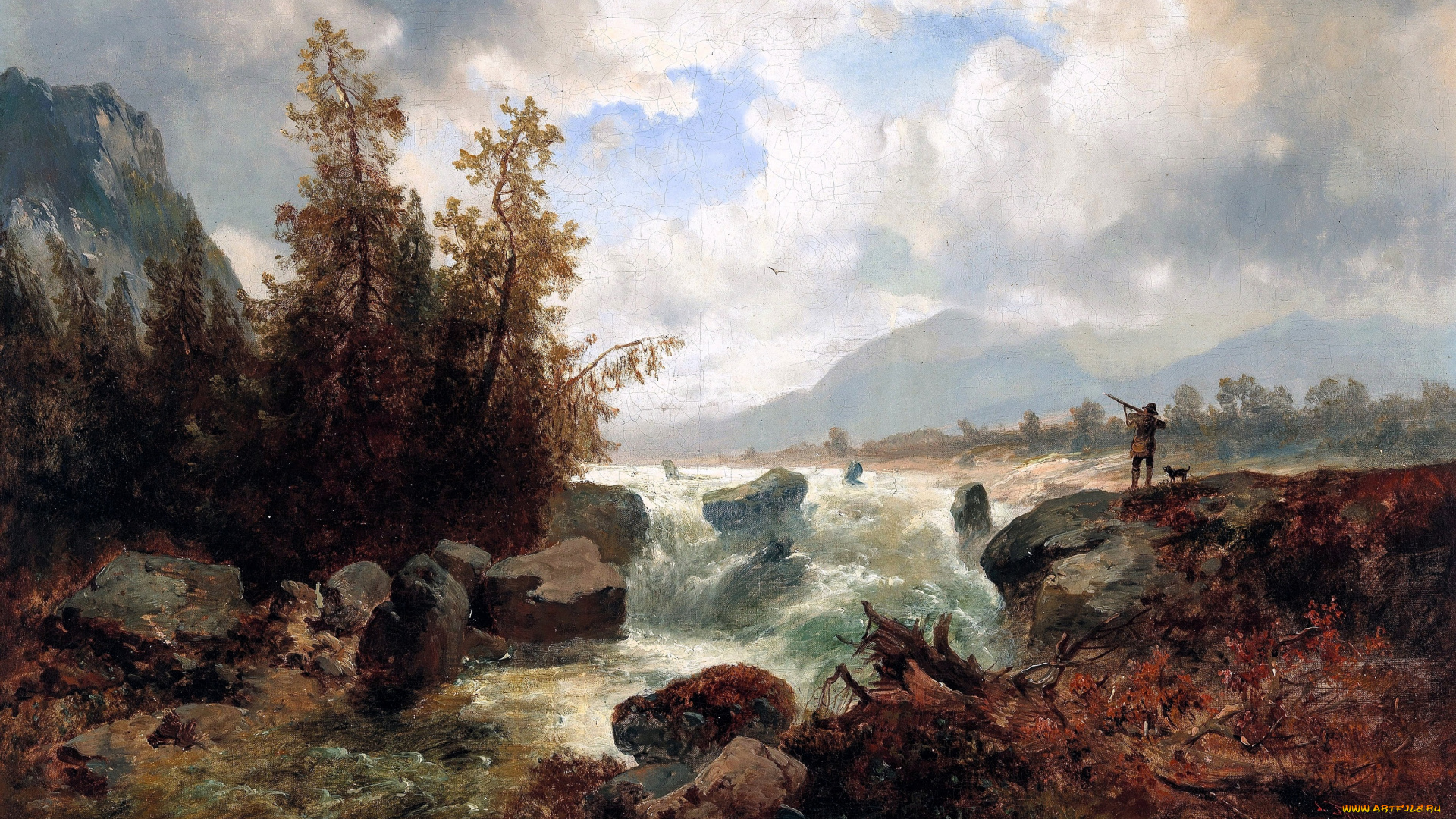 рисованное, josef, thoma, горы, деревья, река, камни, кусты, охотник, собака, ружье, птица