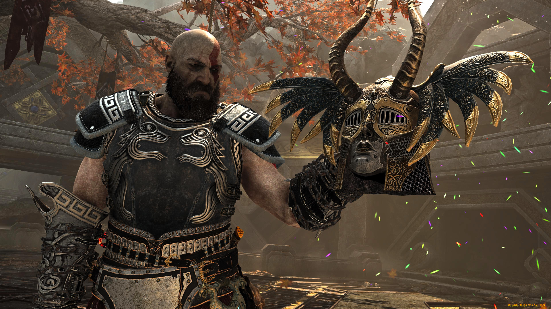 видео, игры, god, of, war, , ragnarok, кратос, доспехи, голова, шлем, площадка, деревья, осень