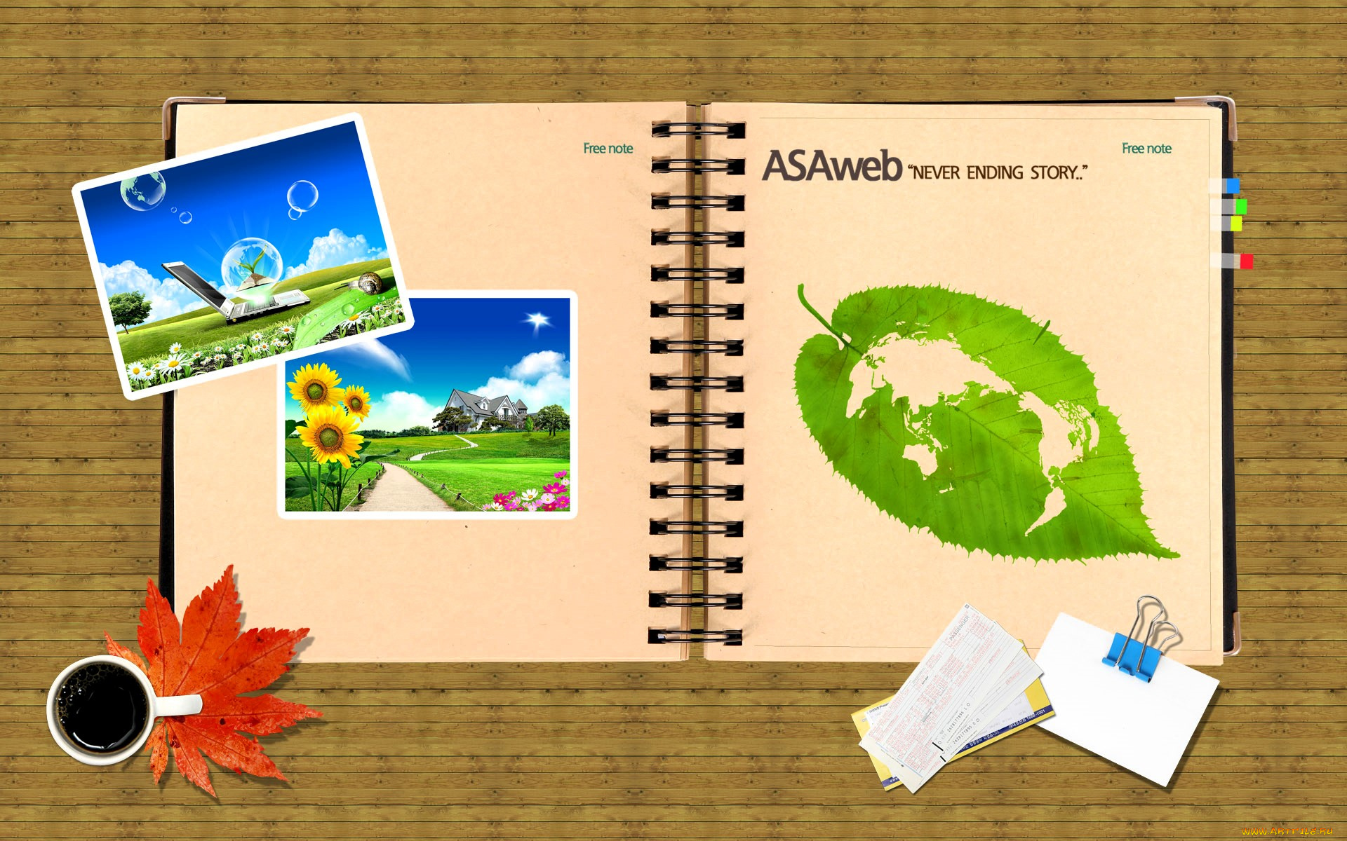 3д, графика, другое, , other, блокнот, фотографии, листья, осень, чашка, кофе