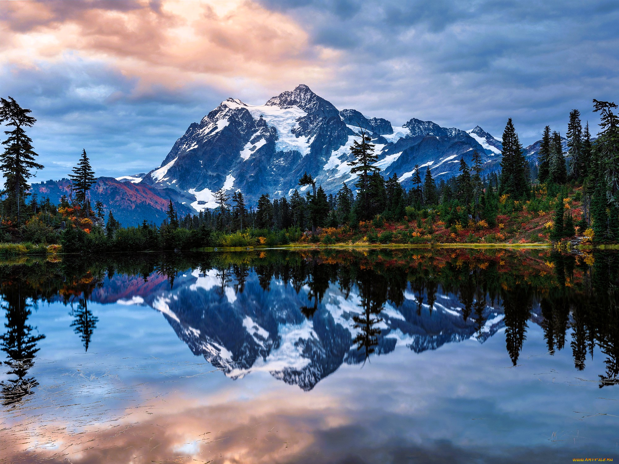 природа, реки, озера, облака, горы, лес, осень, озеро