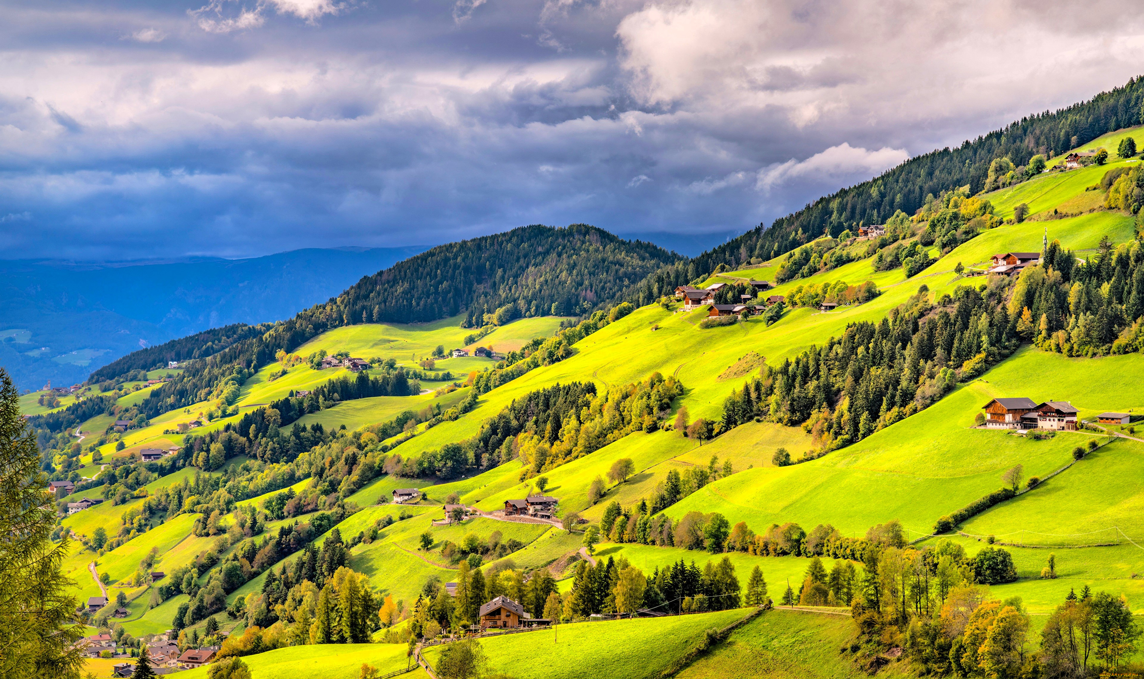 города, -, пейзажи, горы, склон, дома, деревья, лес, облака