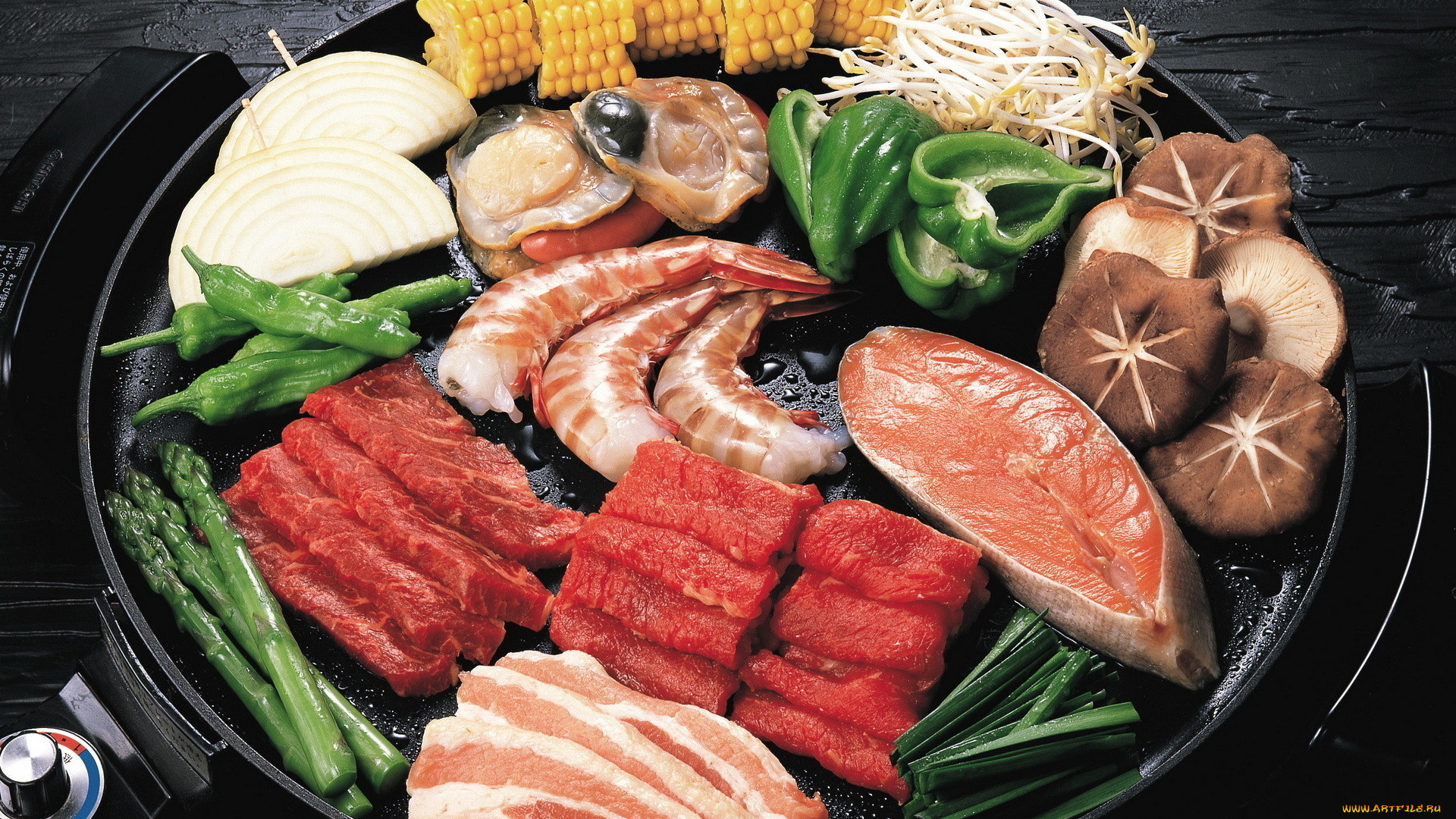 еда, разное, устрицы, перец, паприка, грибы, лосось, рыба, мясо, креветки, бекон, лук, кукуруза, спаржа