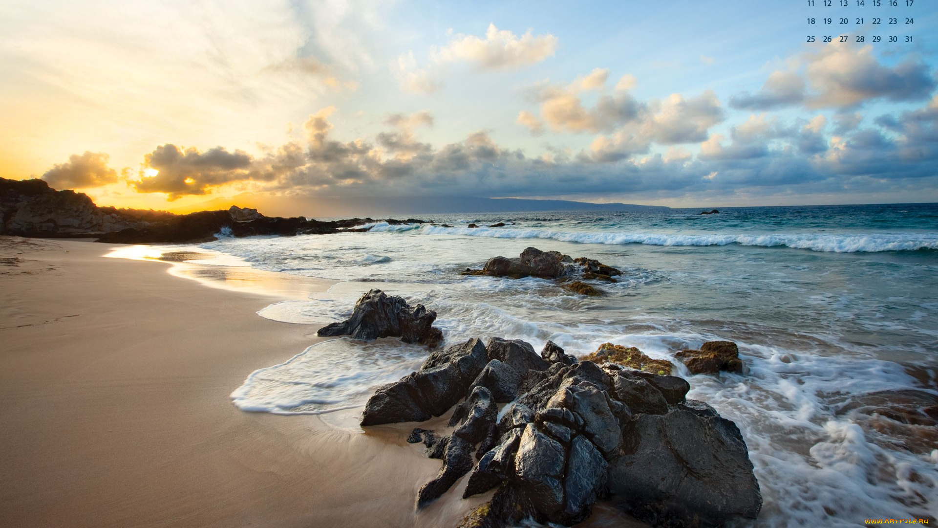 календари, природа, побережье, закат, камни, море