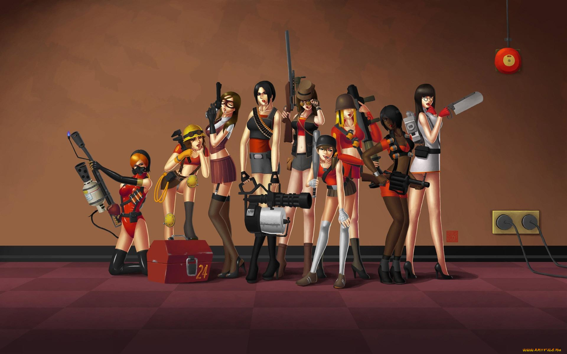 team, fortress, 3д, графика, people, люди, девушки, оружие