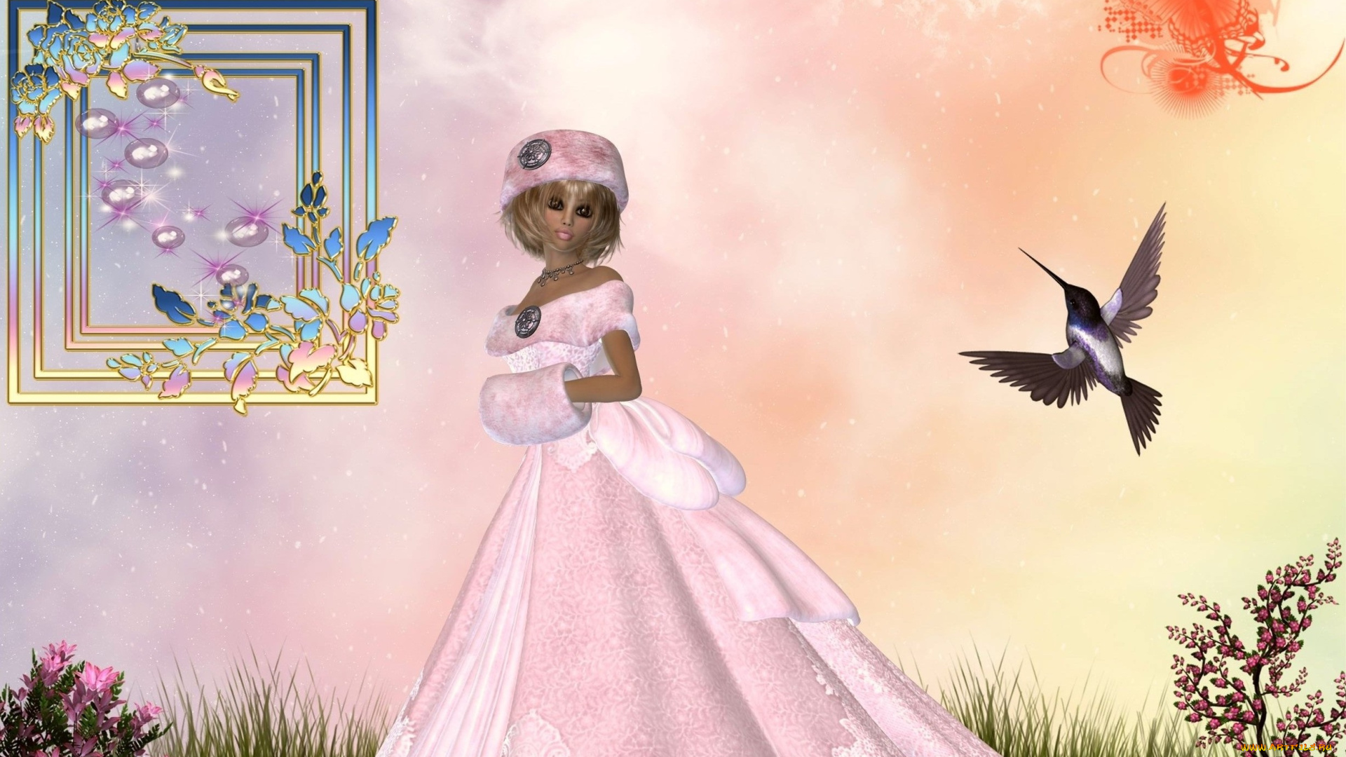 3д, графика, people, , люди, колибри, девушка