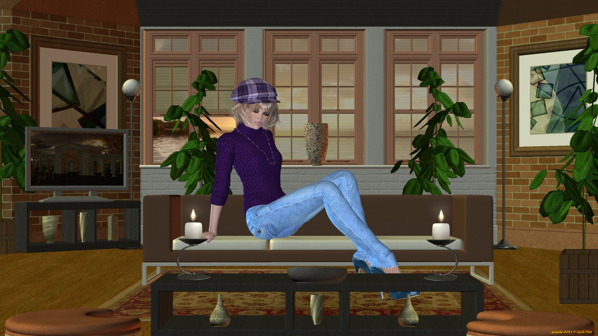 3д, графика, people, , люди, свечи, диван, растения, девушка