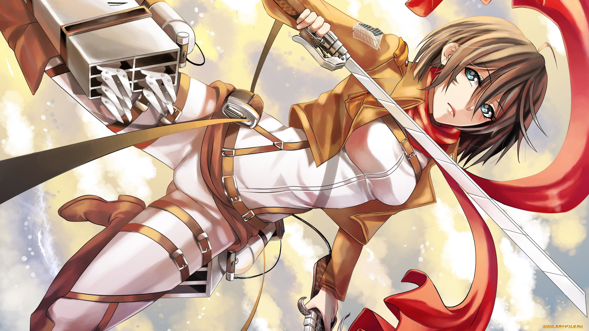 аниме, shingeki, no, kyojin, девушка, ackerman, mikasa, прыжок, шарф, мечи