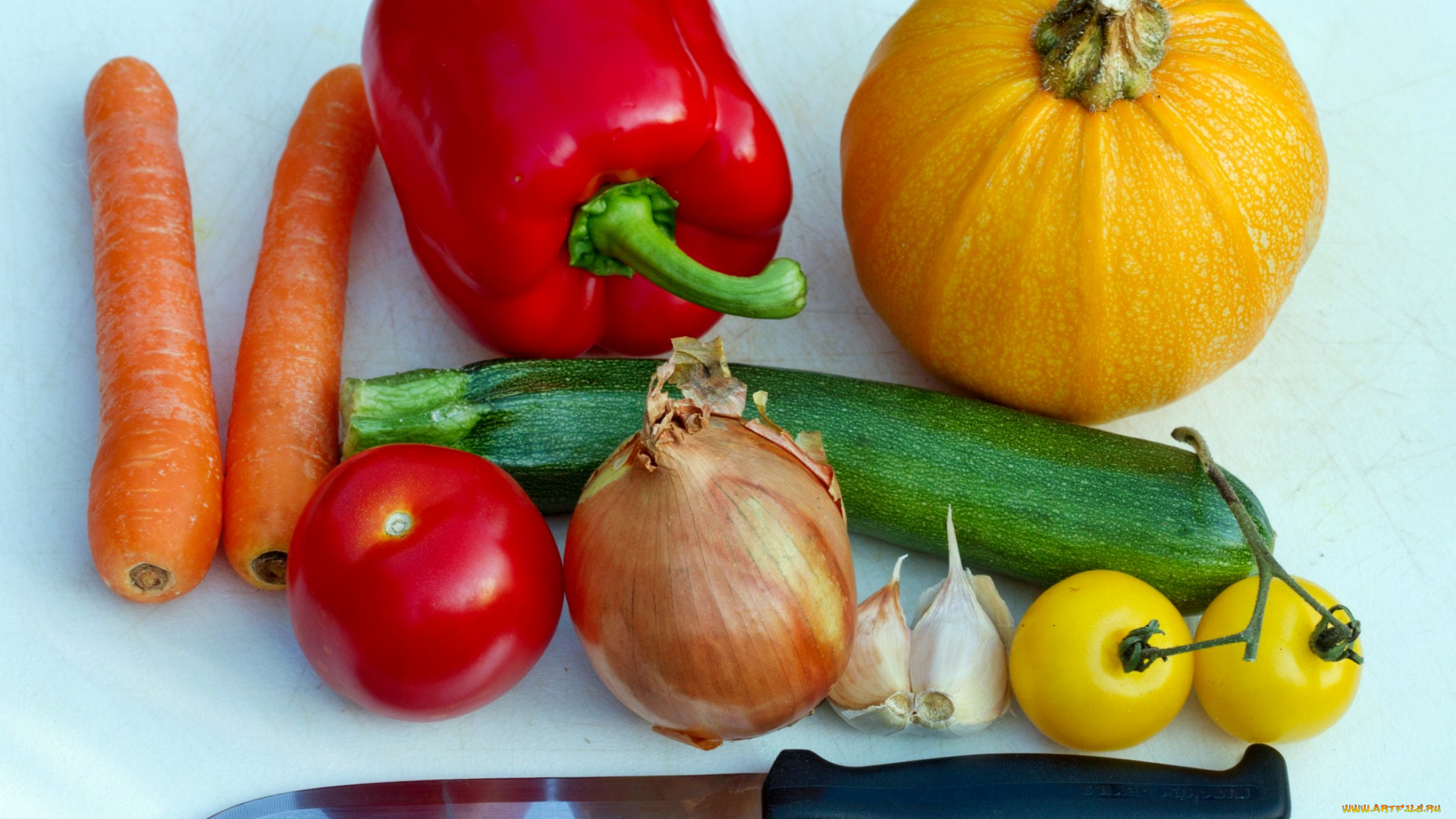 еда, овощи, помидоры, чеснок, лук, нож, тыква, перец, кабачок, морковь