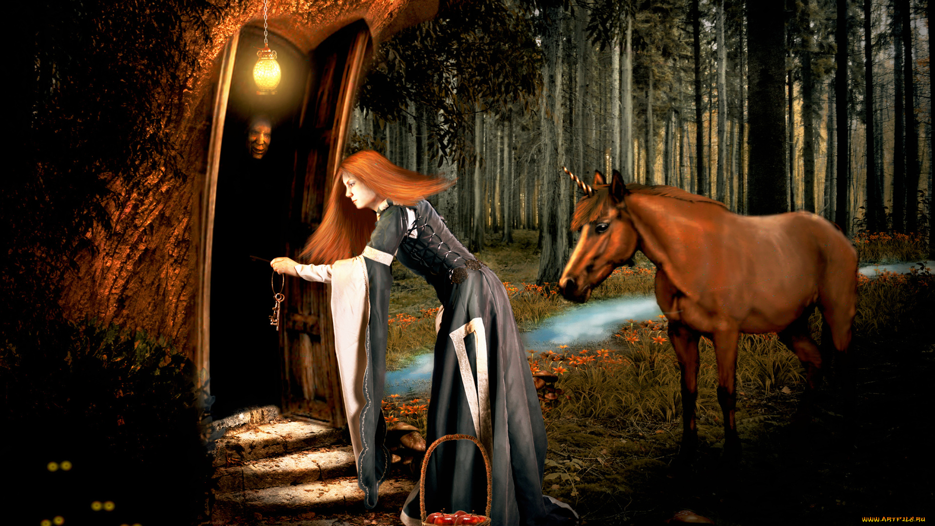 фэнтези, девушки, единорог, дерево, яблоки, ключи, корзина