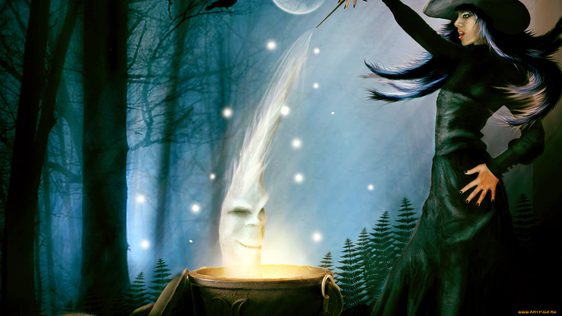 фэнтези, маги, , волшебники, , чародеи, котел, колдовство, ночь, ворон, кошка, ведьма, шляпа