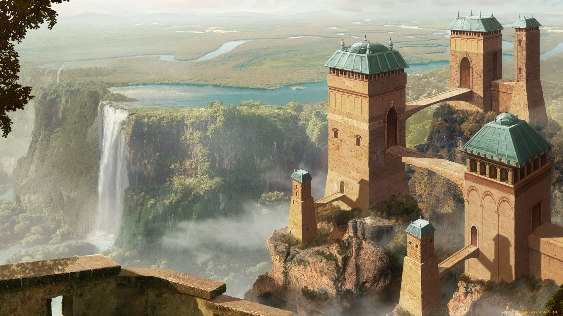 pablo, palomeque, фэнтези, замки, пейзаж, реки, водопад, замок, pablo, palomeque