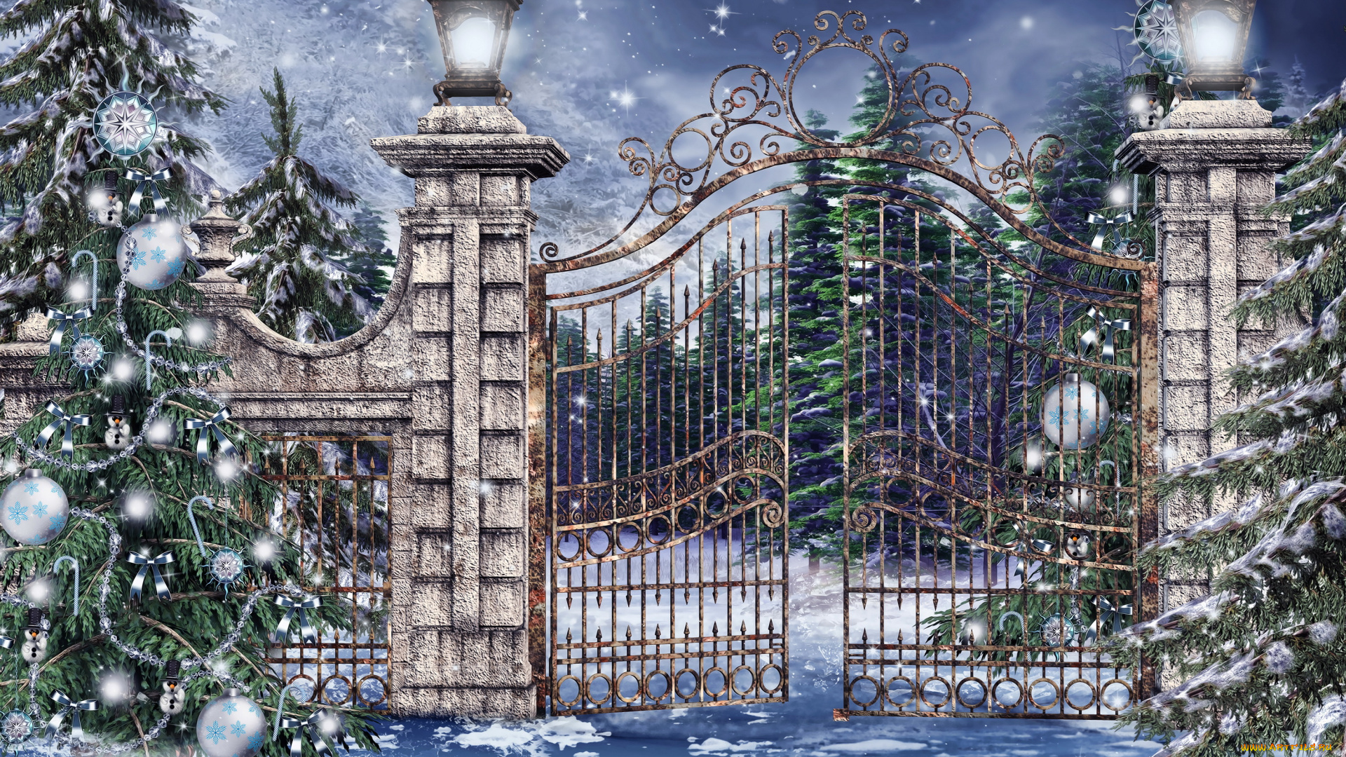 праздничные, 3д, графика, , новый, год, новый, год, снег, игрушки, елки