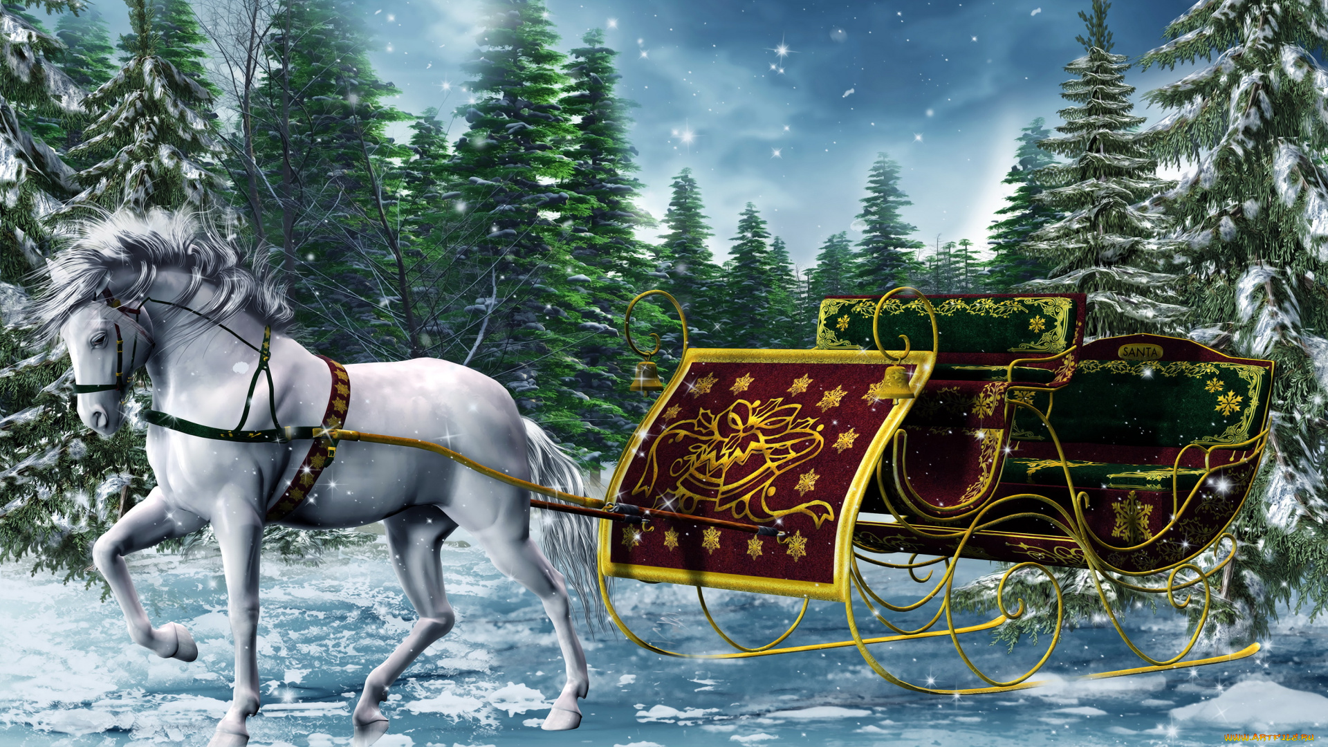 праздничные, 3д, графика, , новый, год, зима, лес, снег, сани, конь