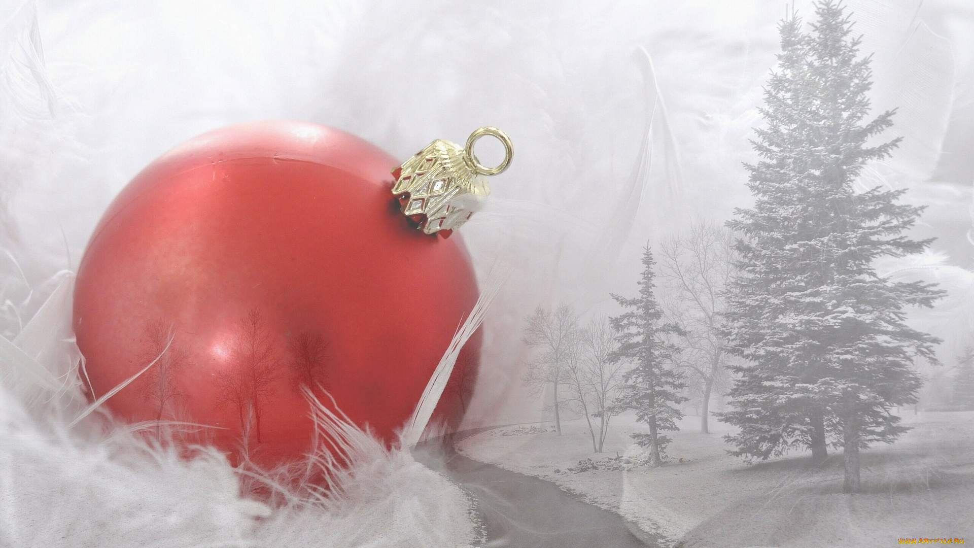 разное, компьютерный, дизайн, ели, река, природа, деревья, новый, год, зима, шарик