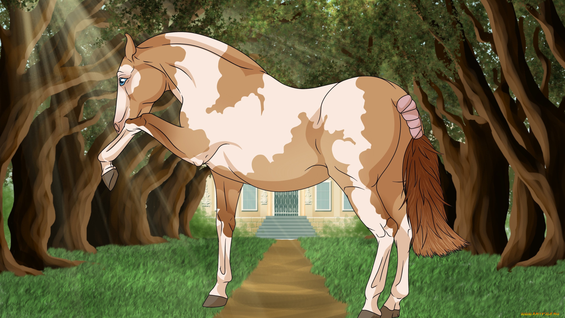 рисованные, животные, , лошади, аллея, лошадь