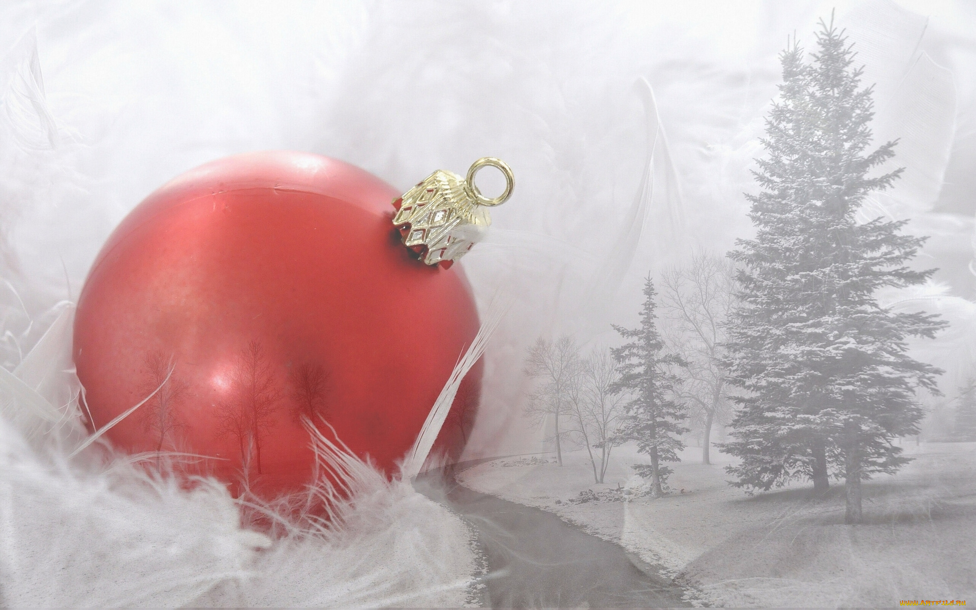 разное, компьютерный, дизайн, ели, река, природа, деревья, новый, год, зима, шарик