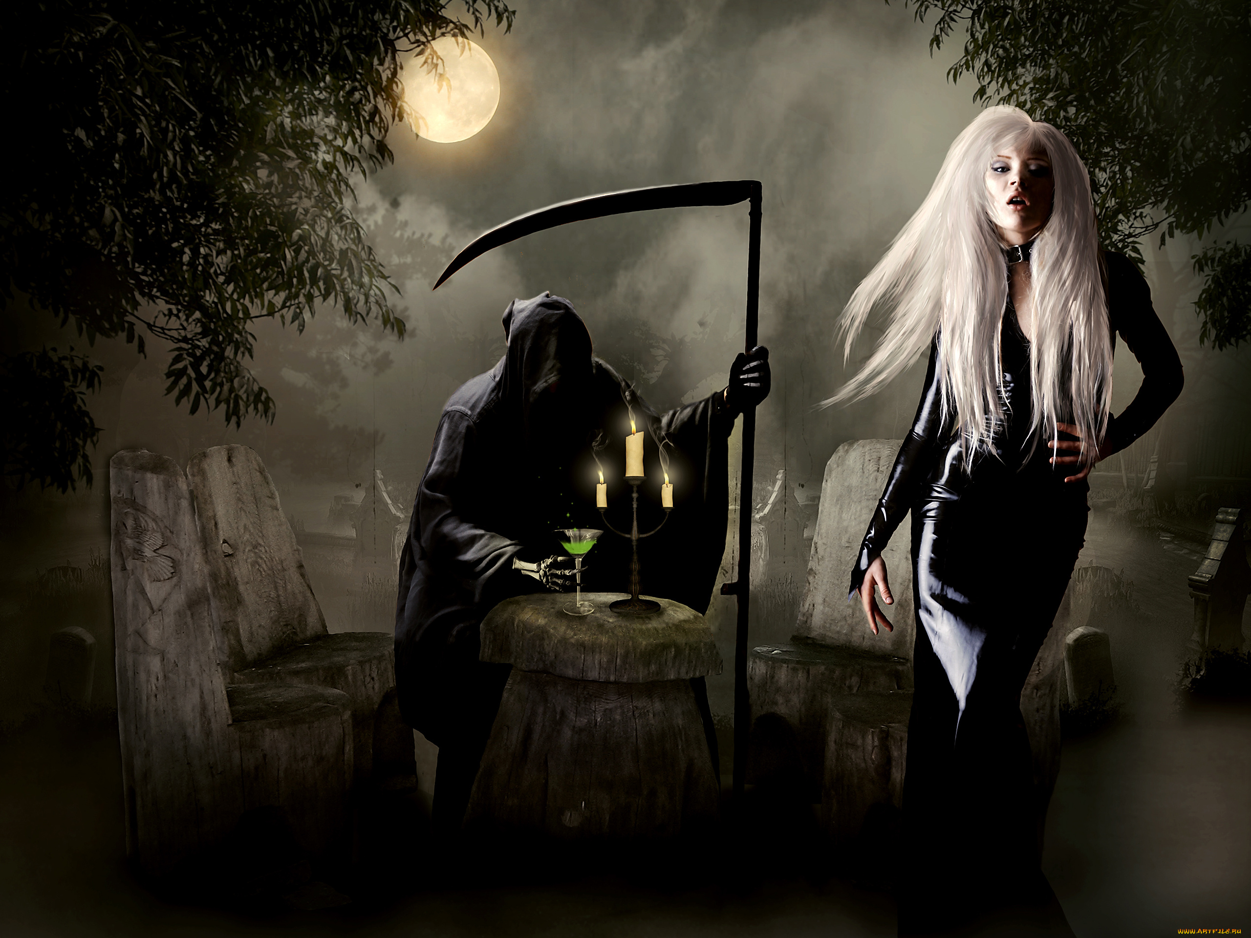 фэнтези, красавицы, и, чудовища, луна, свечи, коса