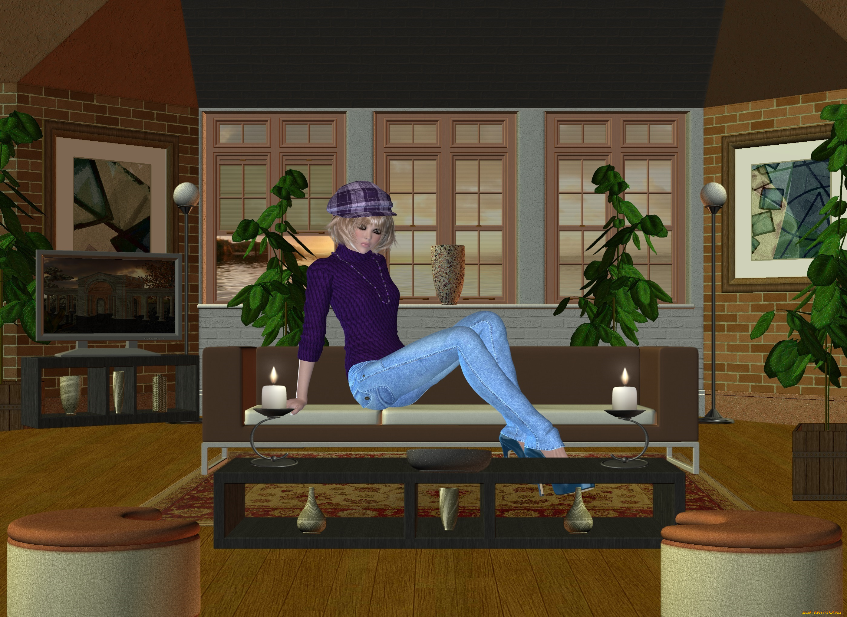 3д, графика, people, , люди, свечи, диван, растения, девушка