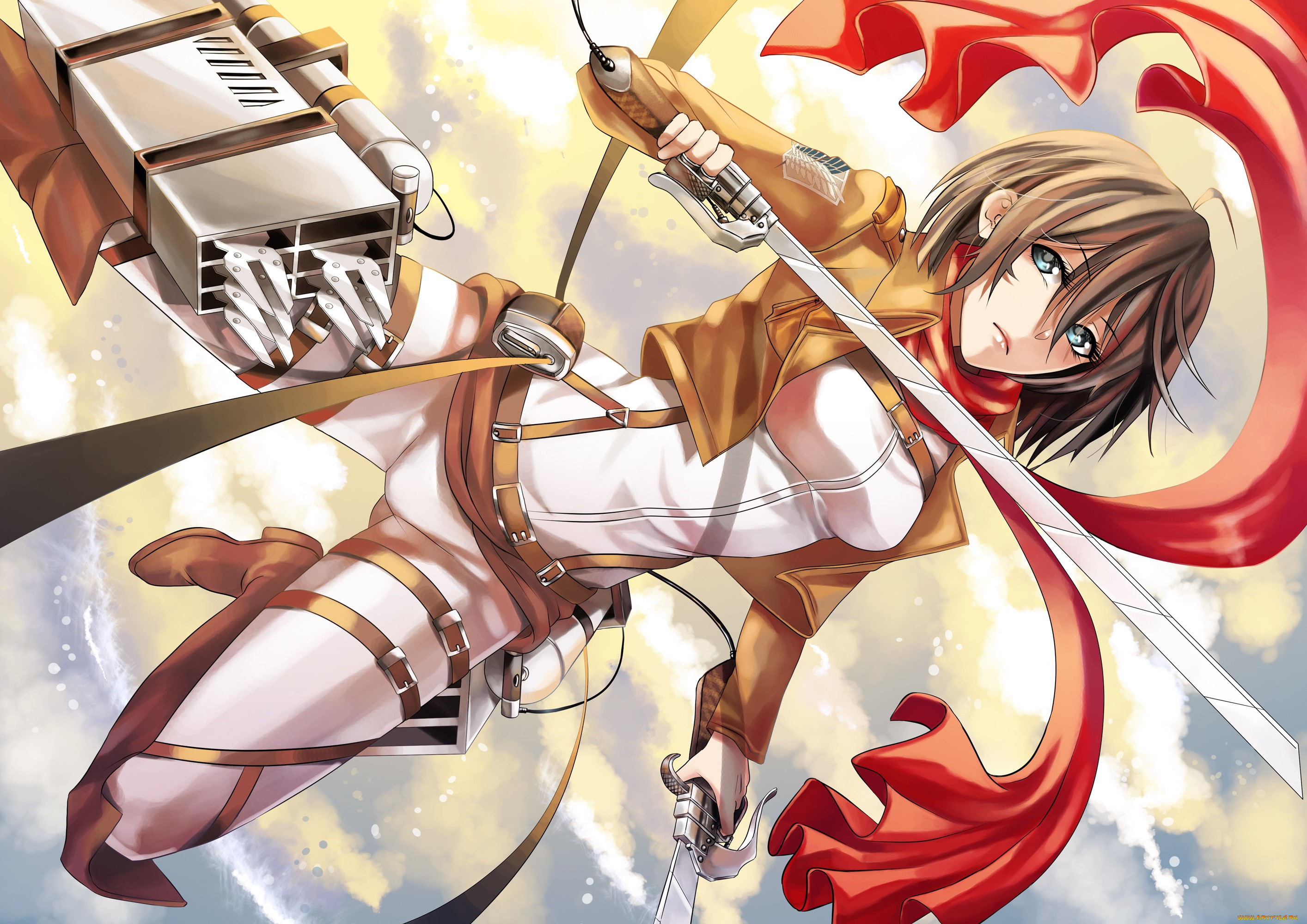 аниме, shingeki, no, kyojin, девушка, ackerman, mikasa, прыжок, шарф, мечи