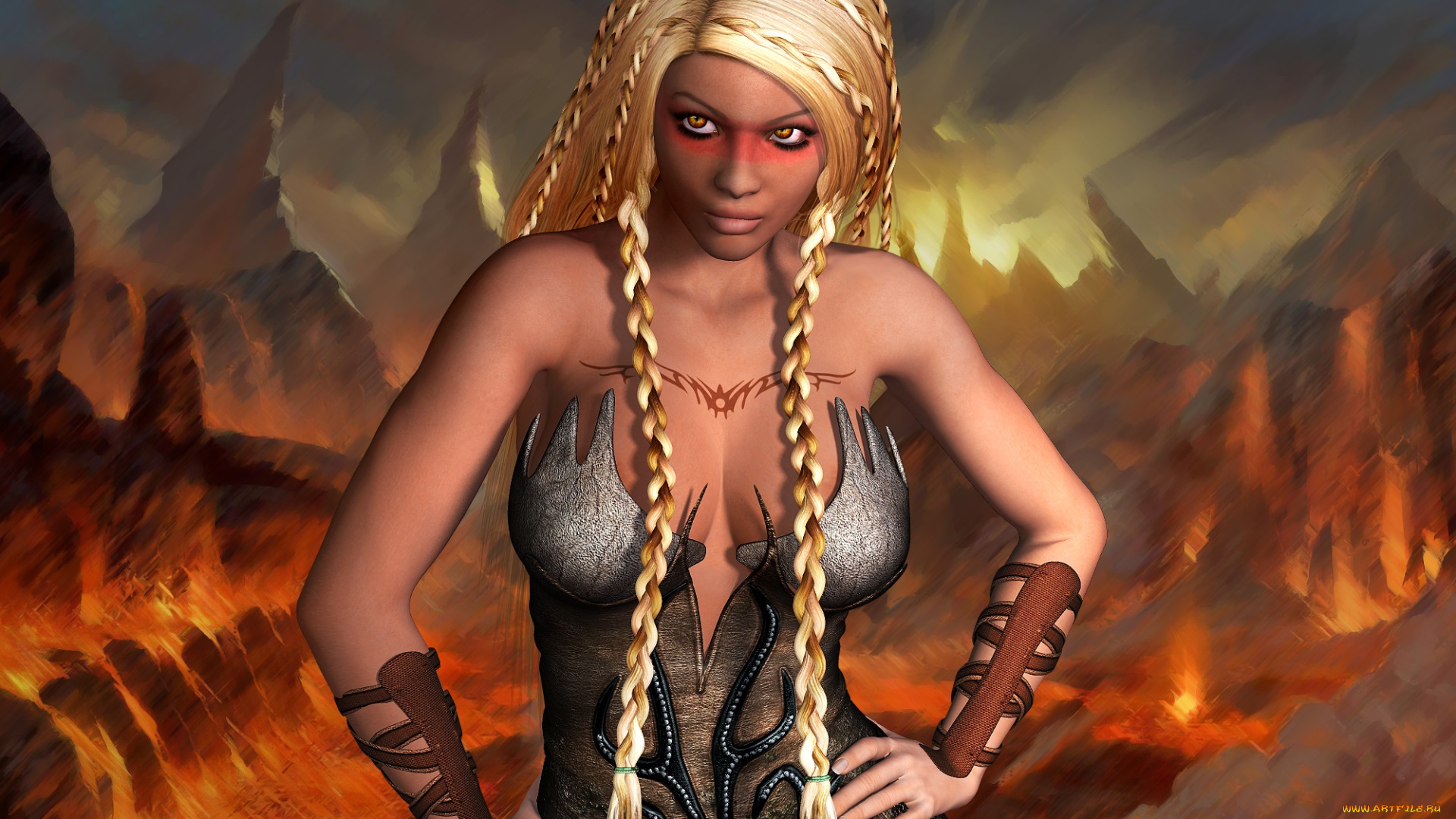 3д, графика, амазонки, , amazon, фон, взгляд, горы, косички, девушка