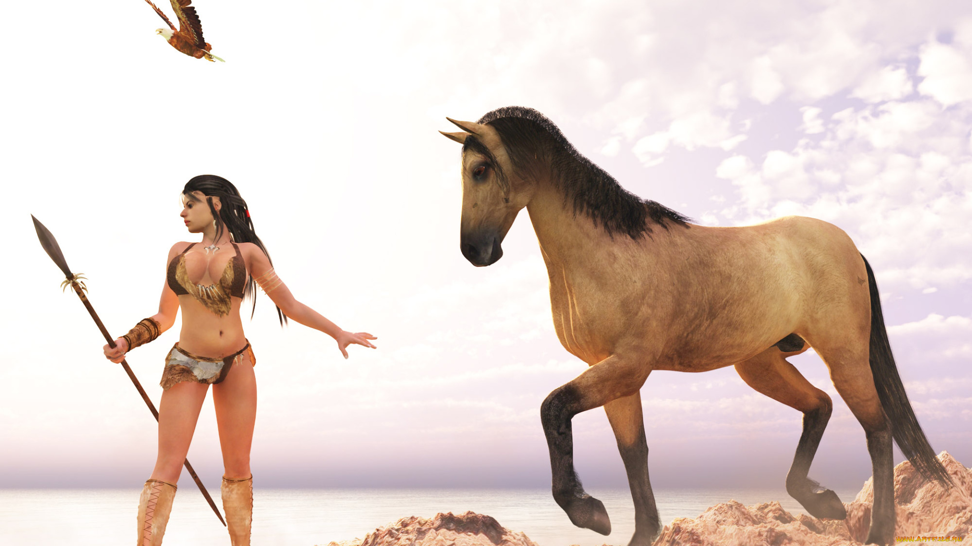 3д, графика, амазонки, , amazon, орел, лошадь, оружие, фон, взгляд, девушка