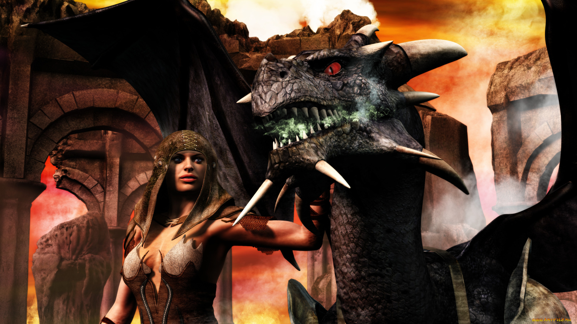 3д, графика, фантазия, , fantasy, дракон, фон, взгляд, девушка