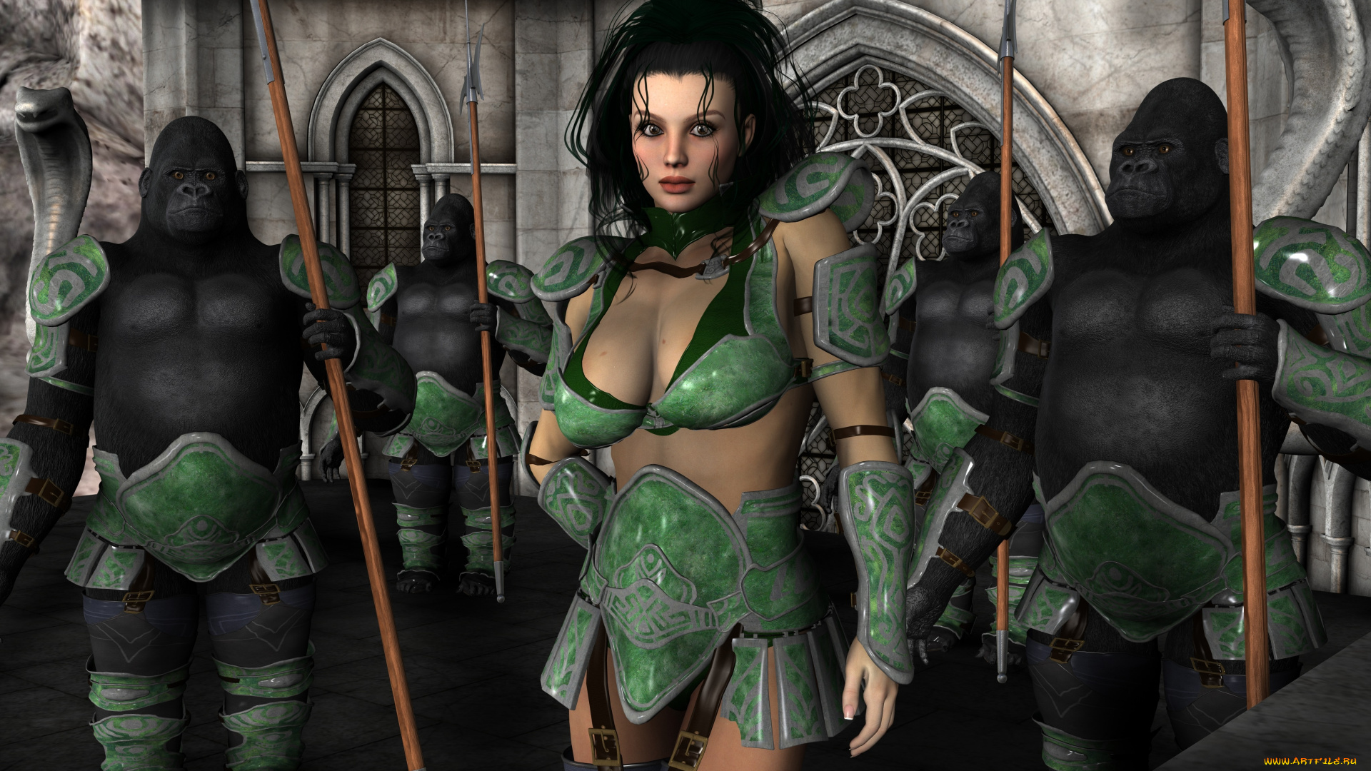 3д, графика, фантазия, , fantasy, оружие, обезьяны, фон, взгляд, девушка