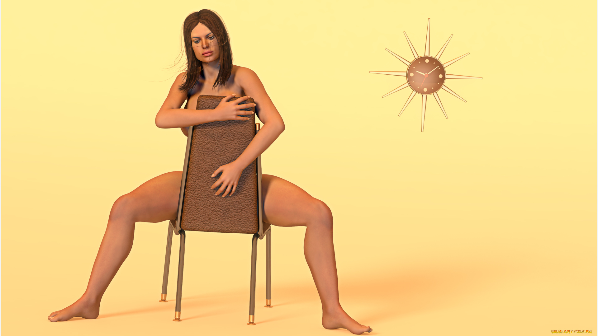 3д, графика, люди, , people, часы, стул, фон, взгляд, девушка