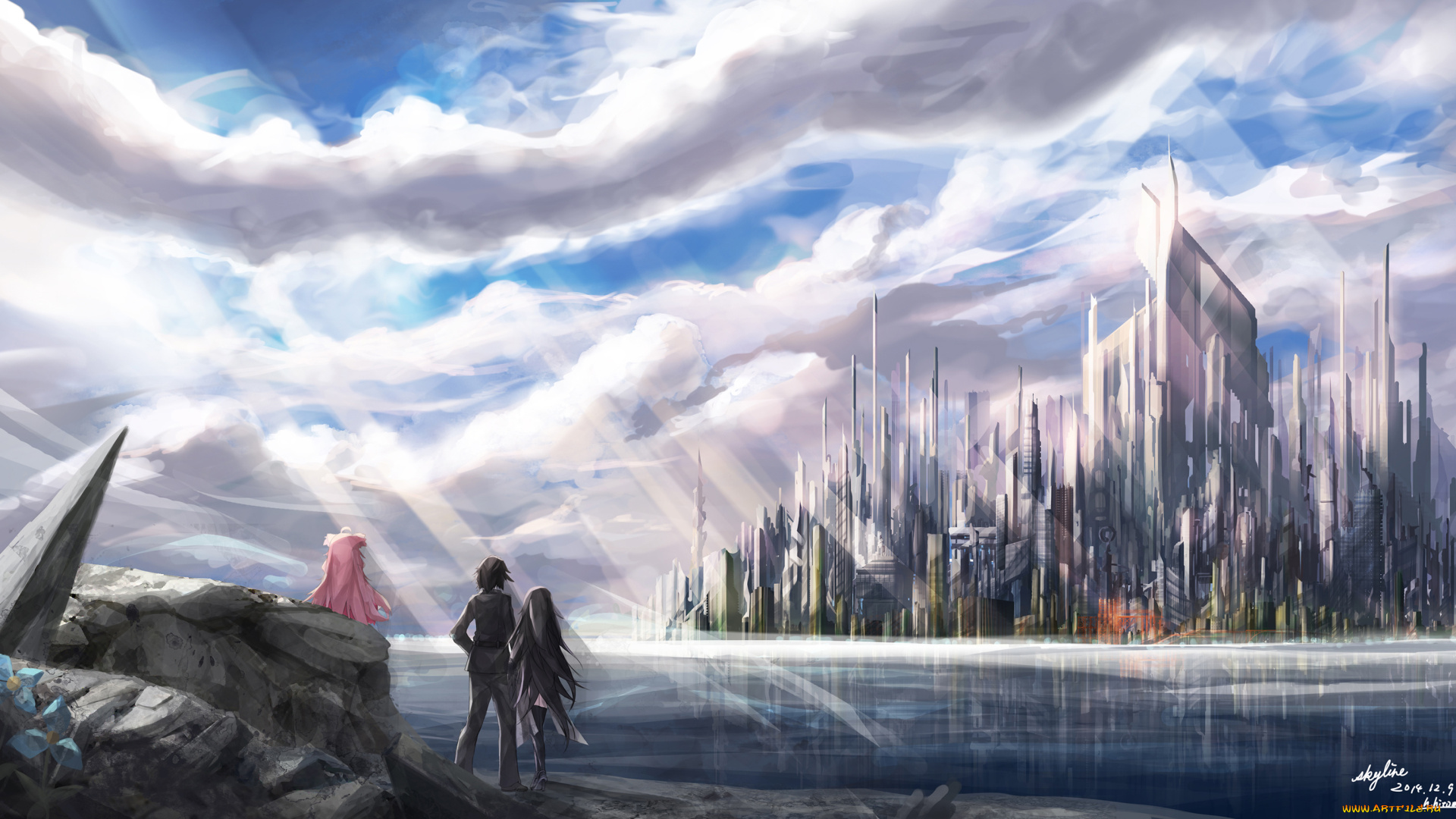 аниме, mahou, shoujo, madoka, magika, арт, riburanomind, облака, пейзаж, город, лучи, озеро, цветы, небо, парень, девушка