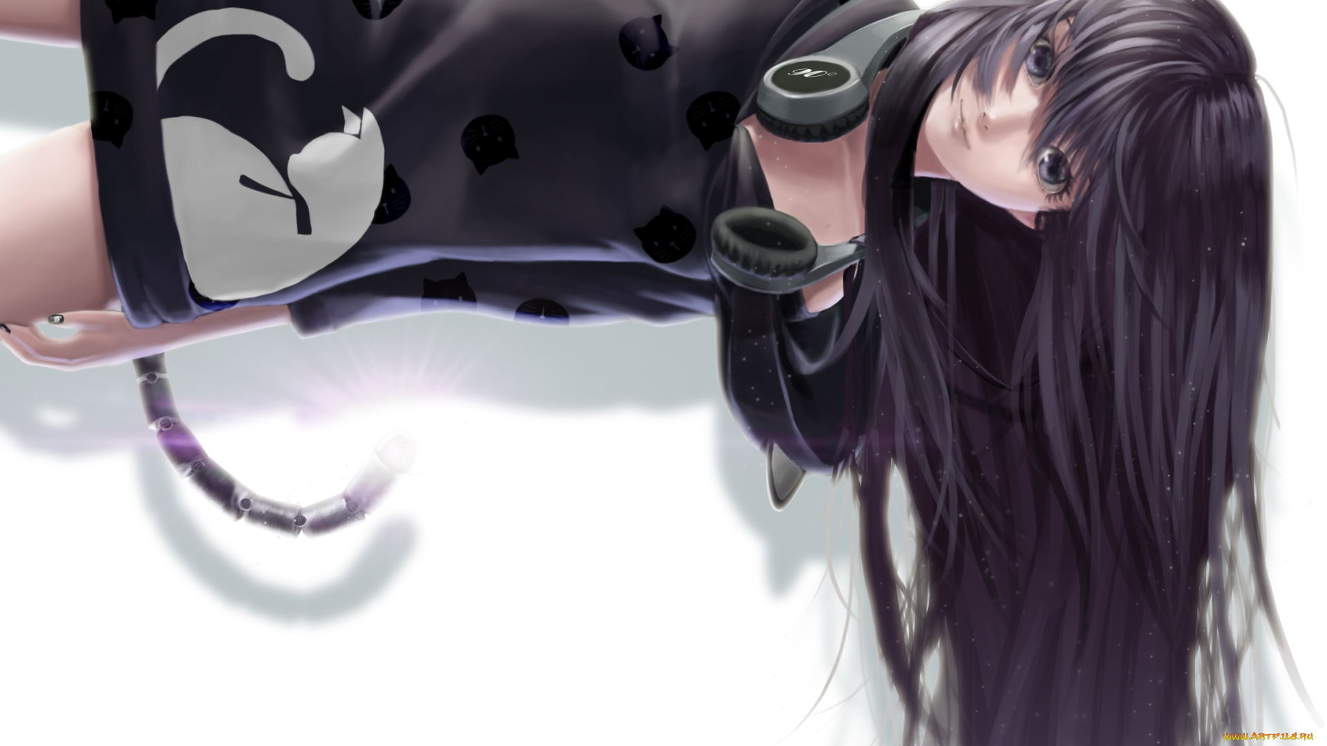 аниме, музыка, хвост, брюнетка, девушка, волосы, арт, lepus