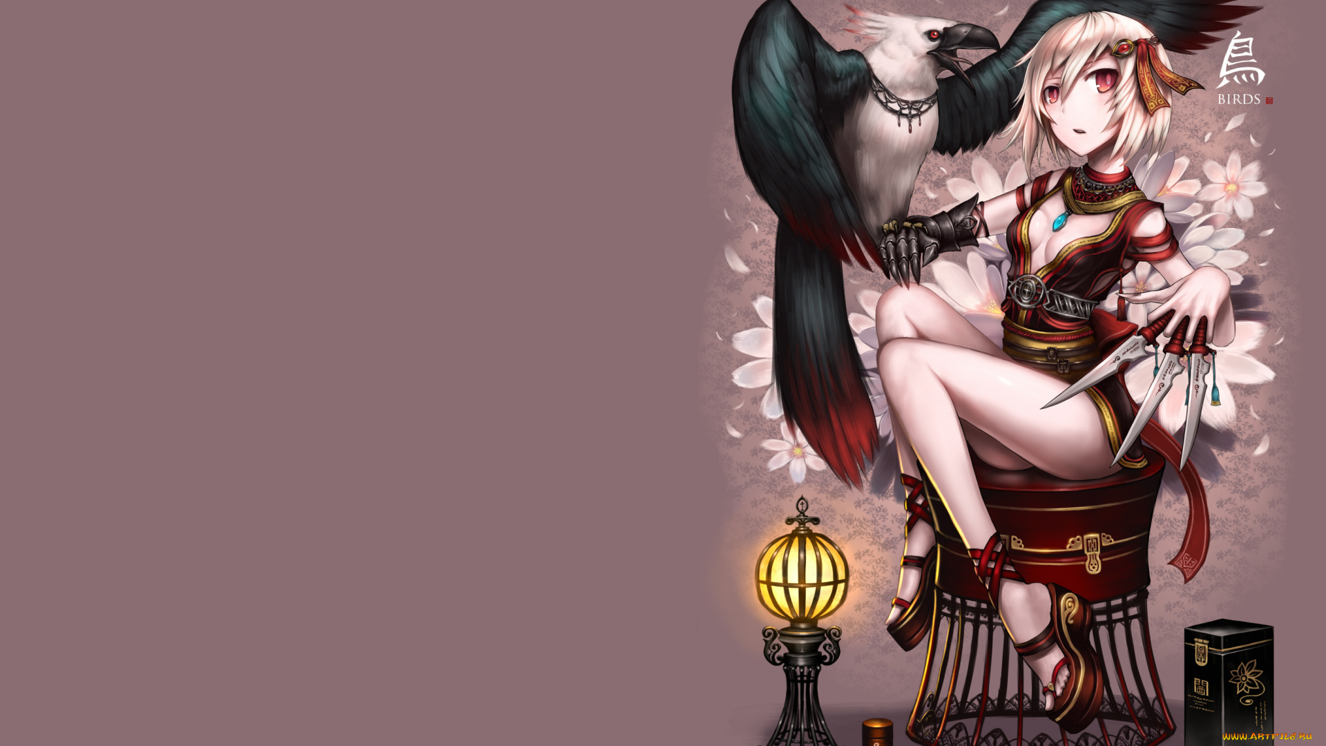 аниме, оружие, , техника, , технологии, gia, арт, девушка, фон, ножи, цветы, фонарь, птица, орёл