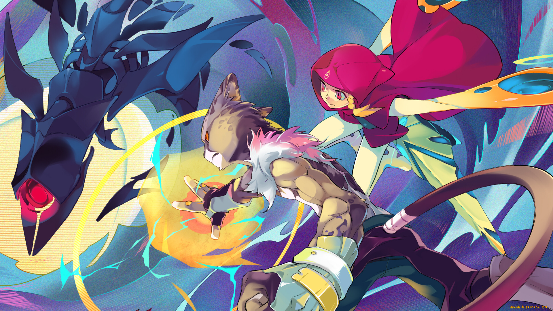 аниме, оружие, , техника, , технологии, min, minyinr, арт, магия, зверь, технологии, девушка, капюшон