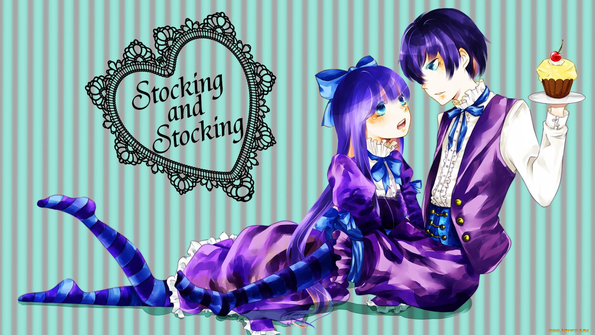 аниме, panty, &, stocking, with, garterbelt, stocking, and, двое, пирожное, крем, слёзы, полосатые, чулки, рамка